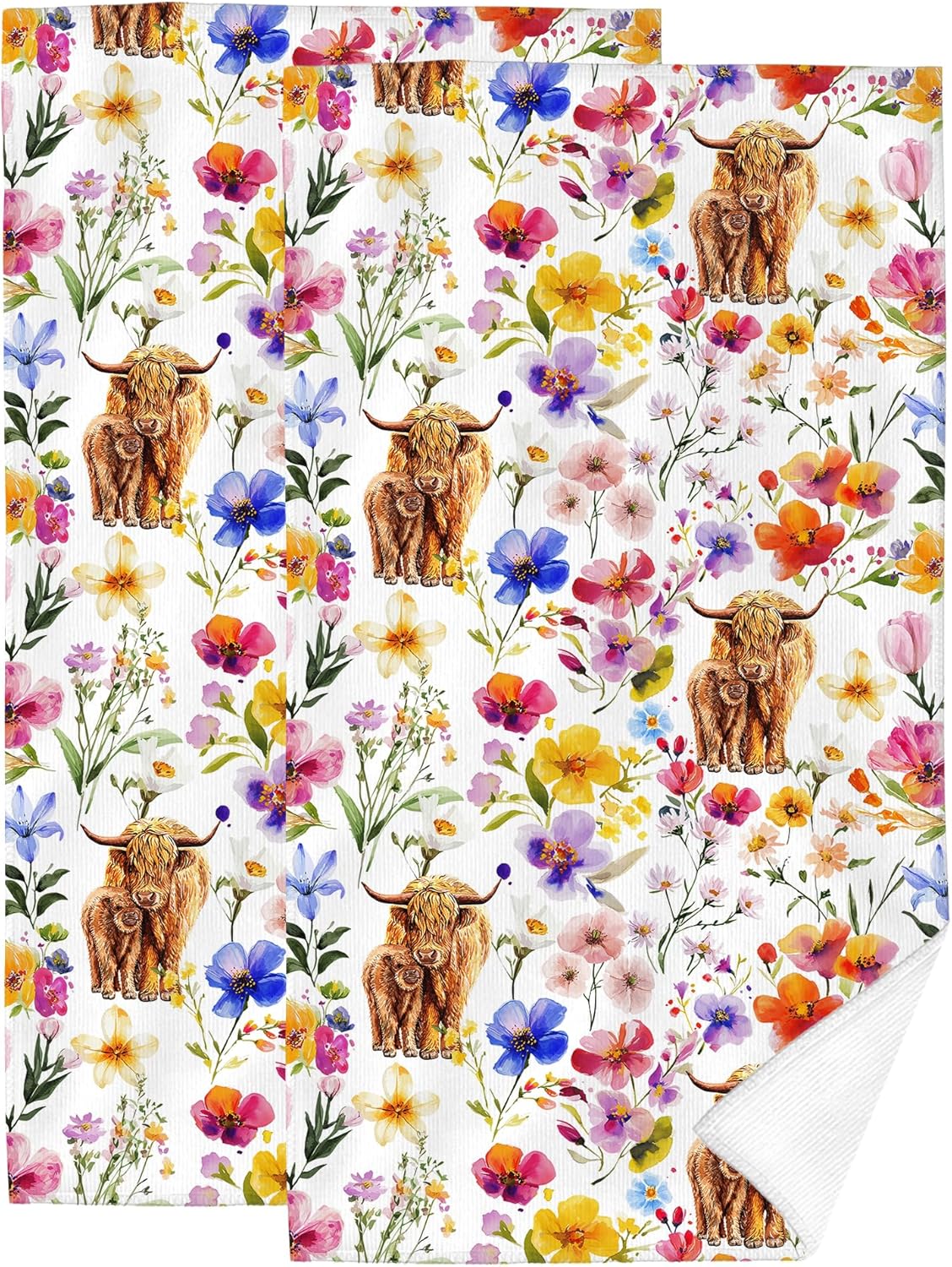 ヴィンテージフローラル&amp;ハイランド牛ハンドタオル バスルーム用 2枚セット ソフト 吸収性 かわいい 牛 農家 装飾 バスタ