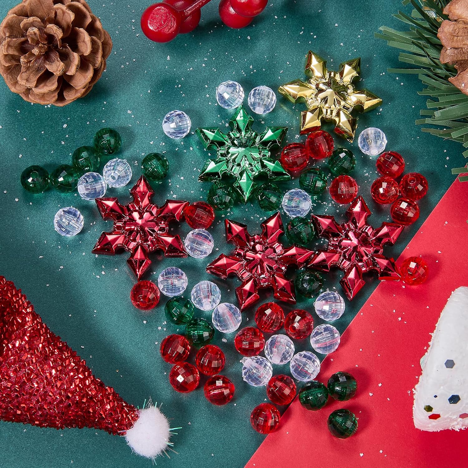 Ornaland 180 Pcs Christmas Beads for Jewelry Making Round Assorted Faceted Acrylic Beads for Bracelets Necklaces Pens DIY Craft Supplies - Image 4