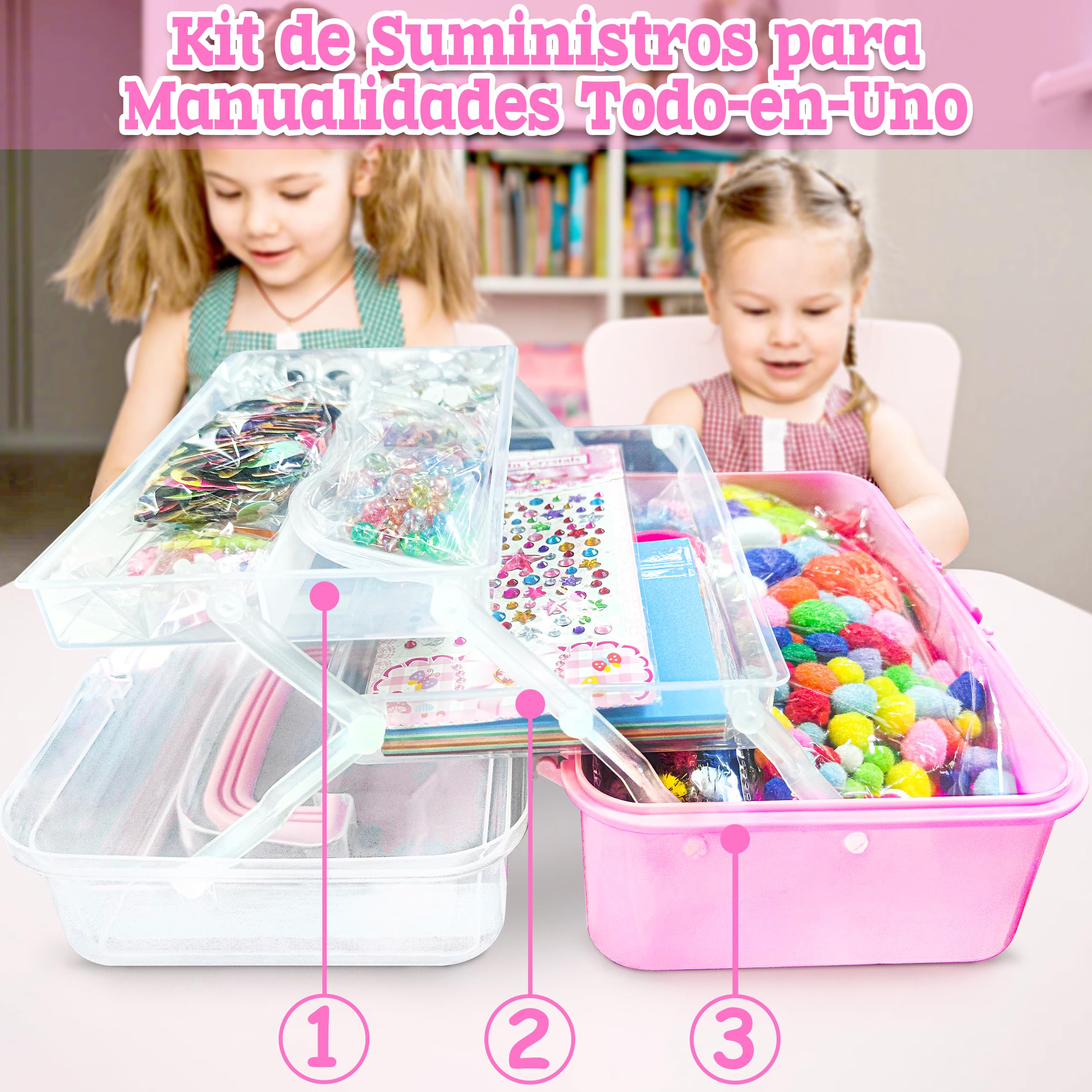 LINAYE 3000+PCS Kit Manualidades Niños, Kit de Manualidades DIY Todo en Uno Maletín Caja Manualidades, Conjunto Material Manualidades con Pompones y Varillas de Limpieza, Regalo Ideal 4-8 rosa