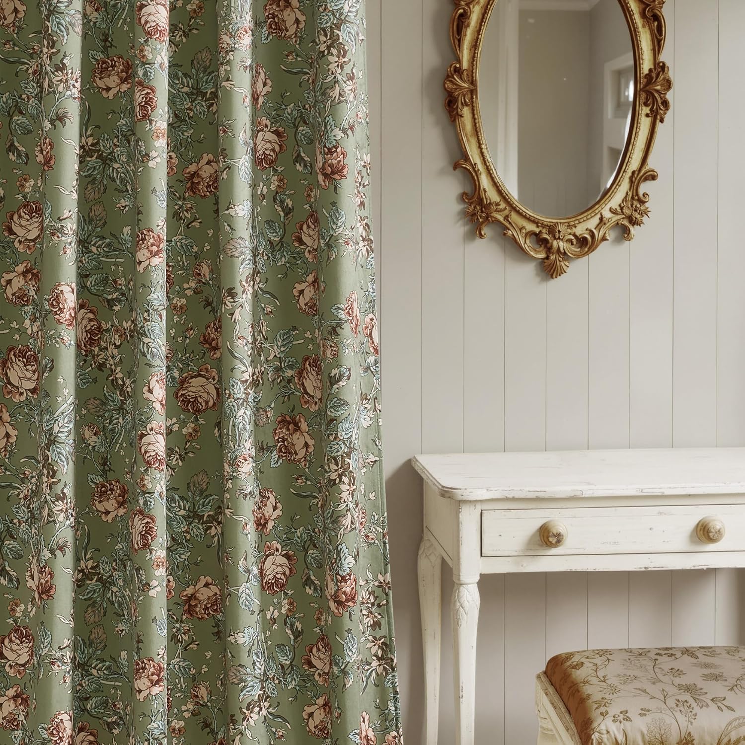 StangH Retro Sage Green Curtains for Living Room, Super Soft Velvet Print Window Drapes with Floral French Country Privacy Sliding Door Curtains for Cafe Hallway, W52 x L84, 2 Panels