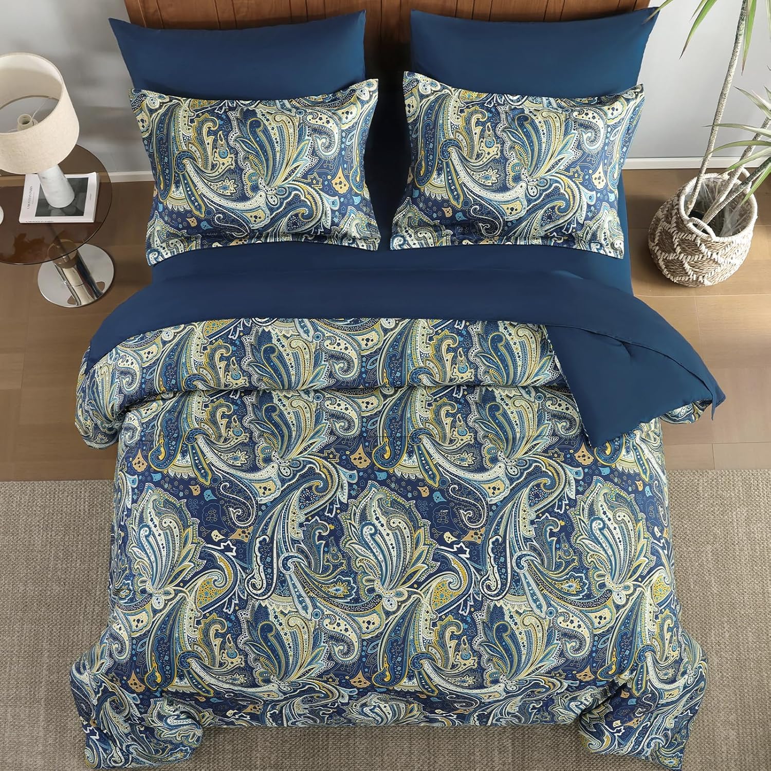 DJY Paisley Comforter Set Queen Size Navy Gold Boho Bed in a Bag 7 Piece, Soft Microfiber Vintage Paisley Floral Pattern Complete Bedding Set for All Season (90''x90) - Image 3