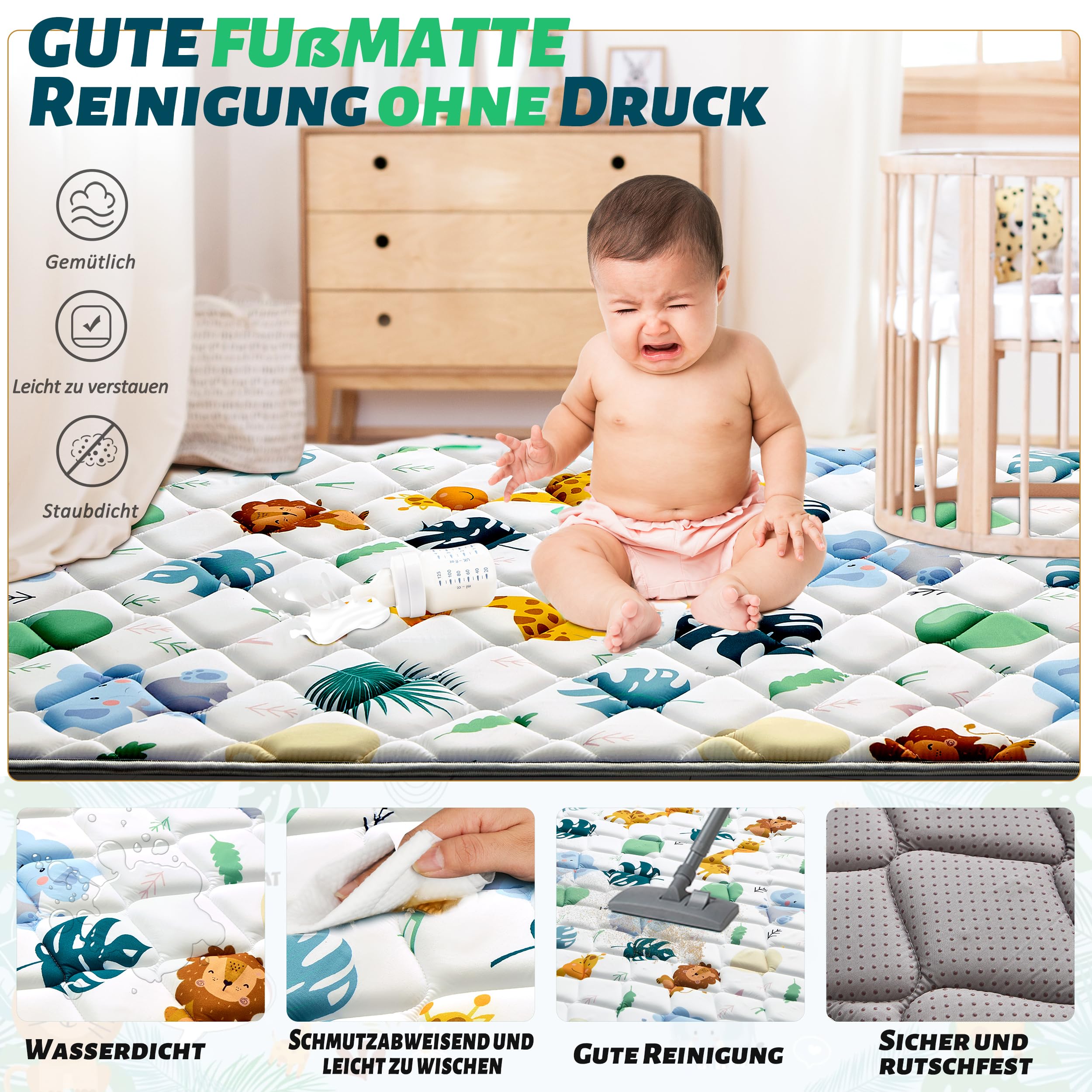 YBIKE Baby Spielmatte, Faltbare Große rutschfeste Dicke Baby Krabbelmatte 180x150cm, Tragbare Weiche Bauchzeitmatte, Waschbare Aktivitätsmatte für Kinder (Tiere)