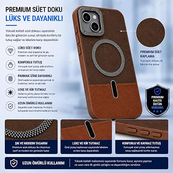 Ehr. iPhone 13/14 ile Uyumlu Magsafe Wireless Şarj Özellikli Mat Süet Deri Nakışlı İçi Kadife Silikon Arka Kapak (Kahverengi, iPhone 13/14)