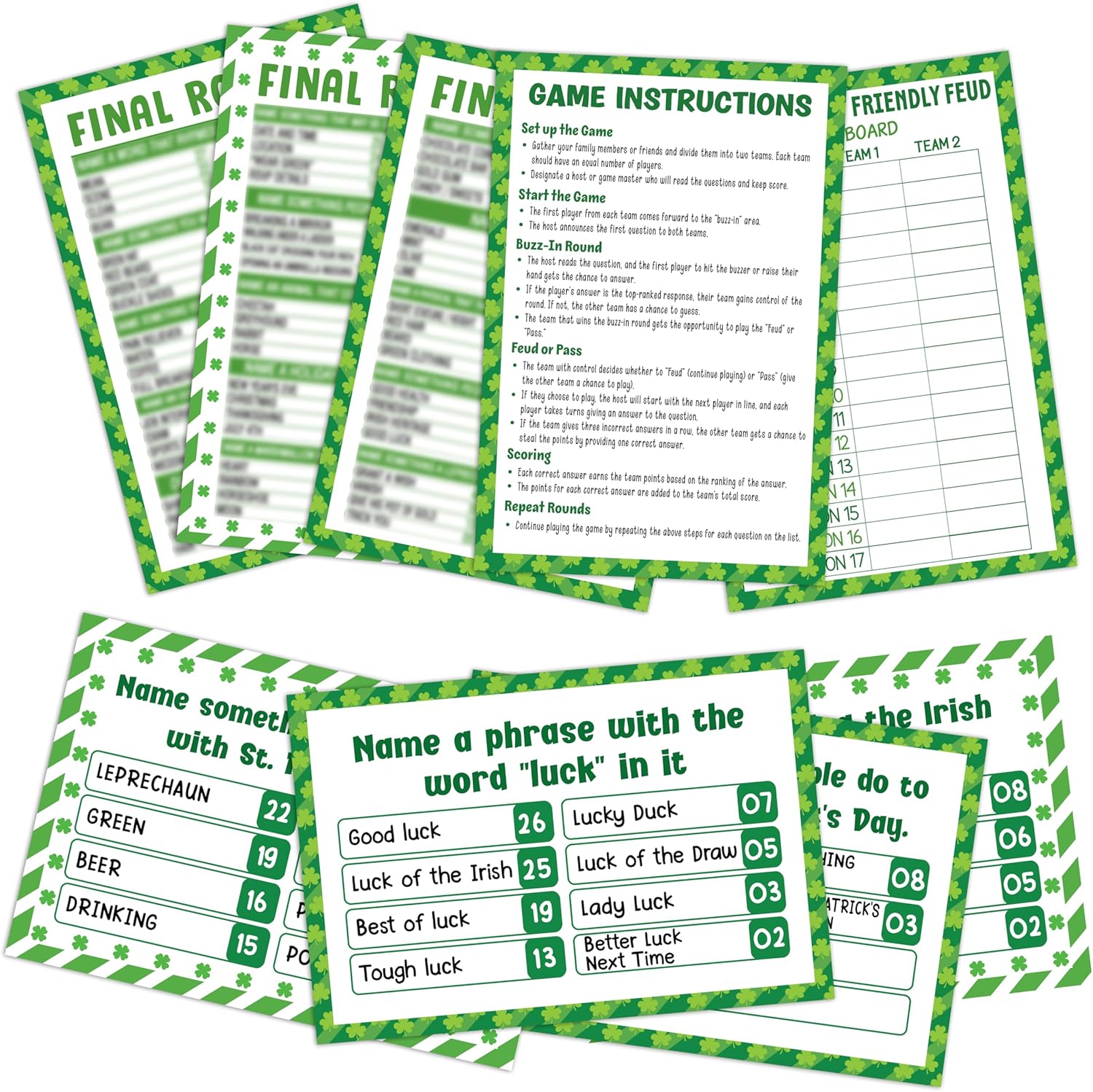 St. Patrick's Day Friendly Feud Game, Fun Saint Patrick's Day Game Card For Adults Large Group Family Friends, Friendly Feud Quiz For St.Patrick's Day Party, Feud Trivia Games Night Favor Supplies, 01