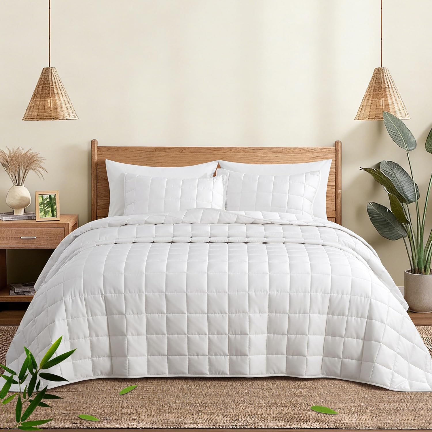 100% Viscose Derived from Bamboo Comforter,Full/Queen Cooling Quilt Set,3-Piece All Season Bedding with 4-Inch Box Stitching,Breathable Duvet Insert with Corner Loops, White