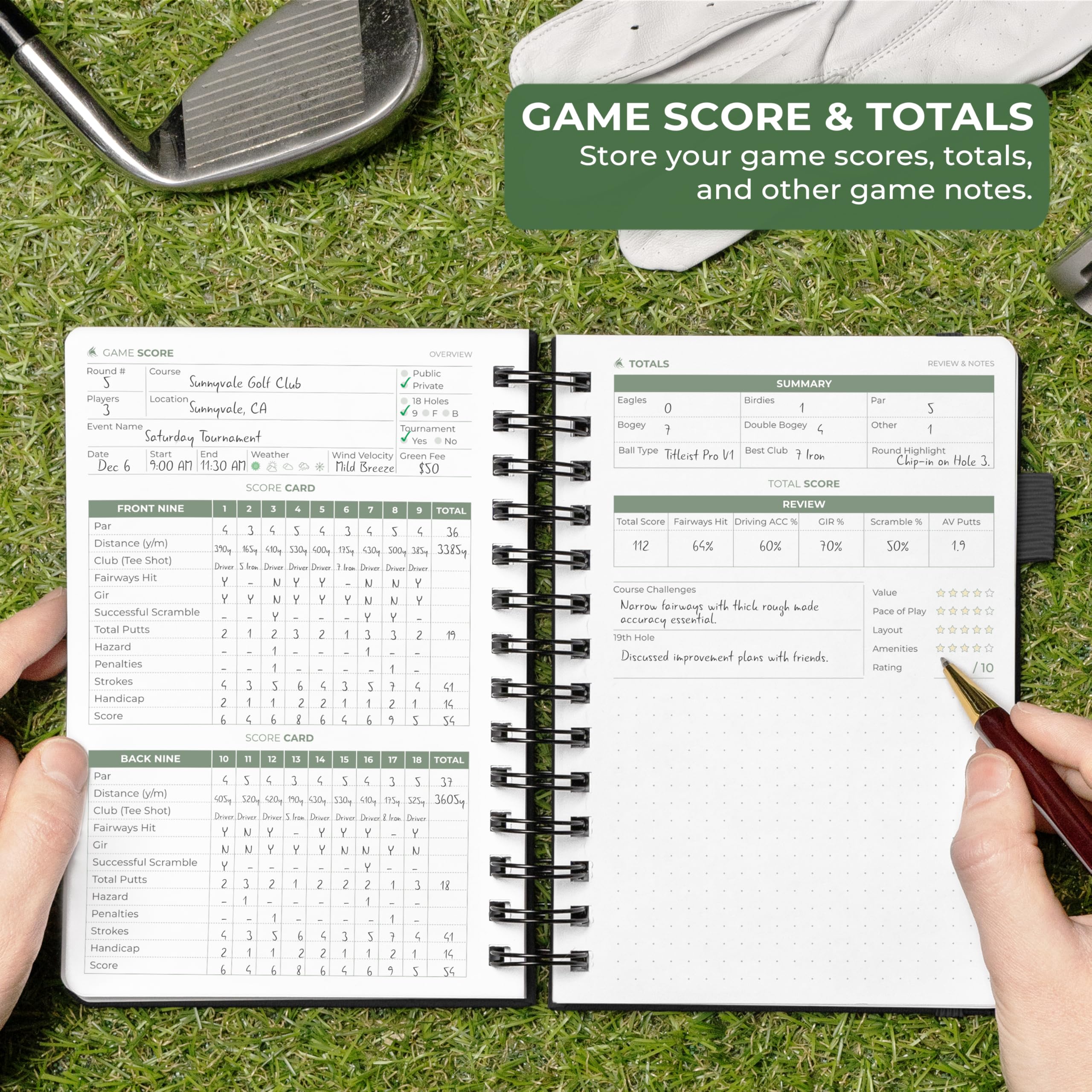 CF Carnet de bord de golf (noir, compact (13,5 x 19,6 cm)