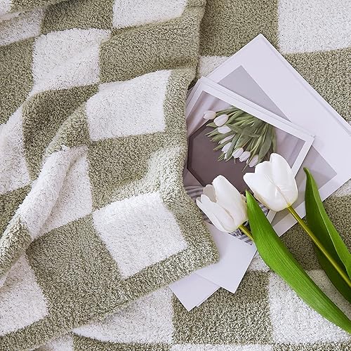 Miniatura 3 de WRENGONGE Manta a cuadros, color verde salvia, suave, acogedora, mullida, cálida, hecha a mano, para diván, sofá, silla, cama, campamento, picnic,