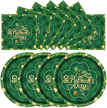 40PCS St. Patricks Day Paper Plates and Napkins Set - 9inch Dinner Plates and 6.5inch Paper Napkins, Disposable Green Lucky Shamrock Tableware for St Patricks Day Irish Party Decoration