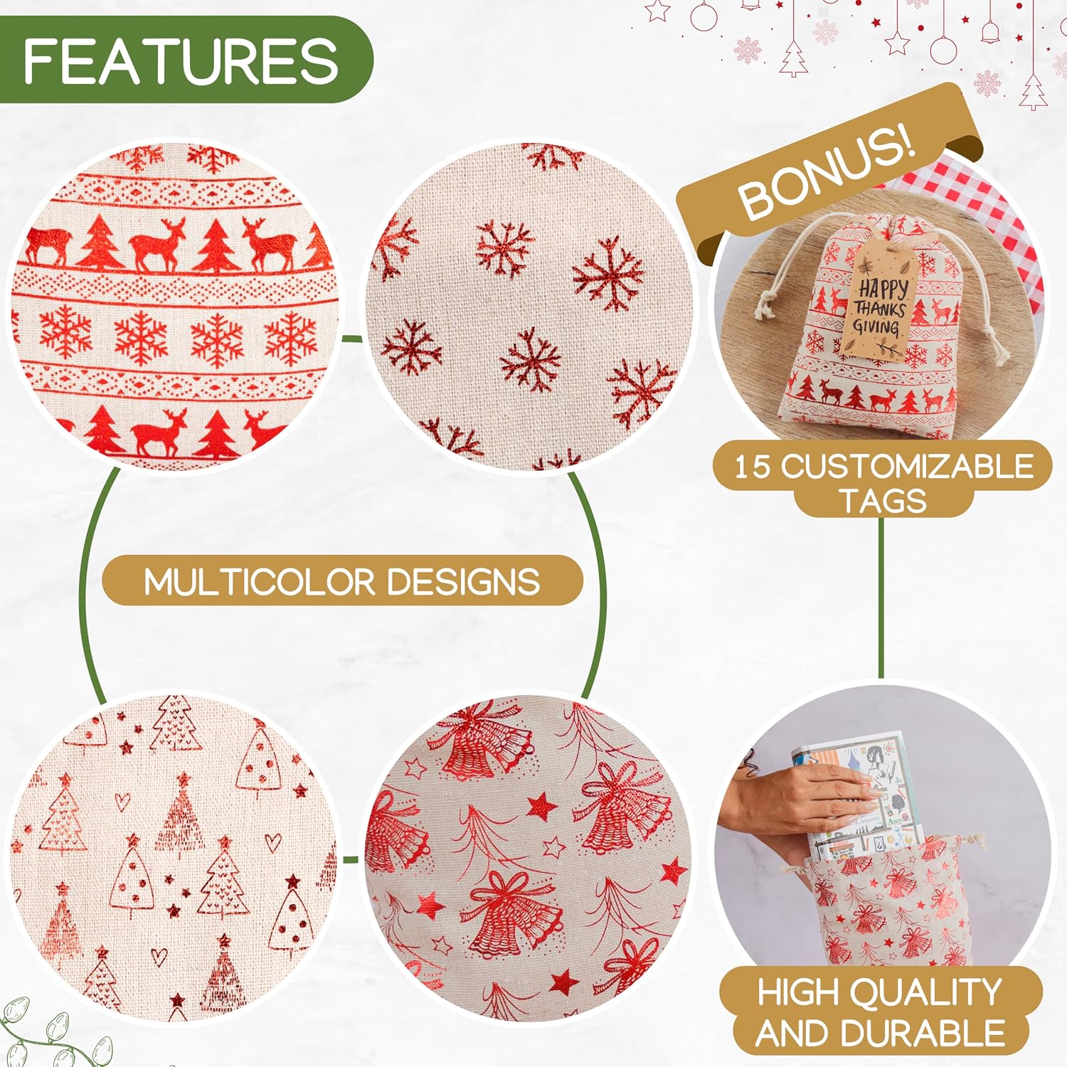 12 Pack Reusable Christmas gift bags with 15 gift tags. Gift sacks. Fabric drawstring holiday gift bags in assorted sizes. Xmas bags for presents, parties & stocking stuffers. (CE) image 3