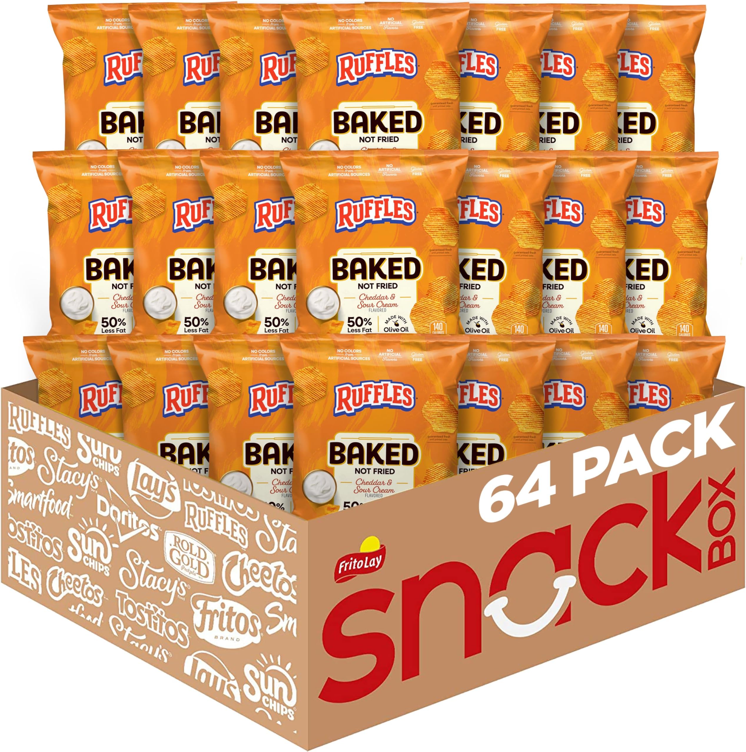 Baked Ruffles Potato Chips, Cheddar & Sour Cream, 1.125 oz Bags, (64 Pack), 50% Less Fat, Gluten Free, No Artificial Flavors, No Colors from Artificial Sources