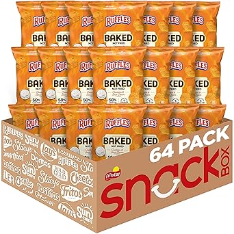 Baked Ruffles Potato Chips, Cheddar & Sour Cream, 1.125 oz Bags, 64 Pack, 50% Less Fat, Gluten Free, No Artificial Flavors, No Colors from Artificial Sources