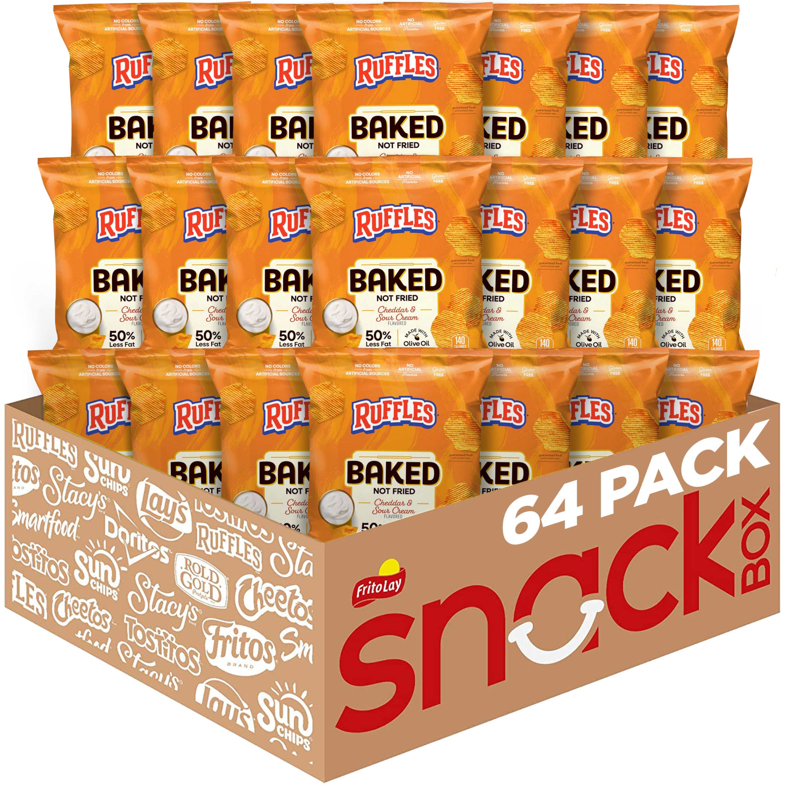 Baked Ruffles Potato Chips, Cheddar & Sour Cream, 1.125 oz Bags, (64 Pack), 50% Less Fat, Gluten Free, No Artificial Flavors, No Colors from Artificial Sources