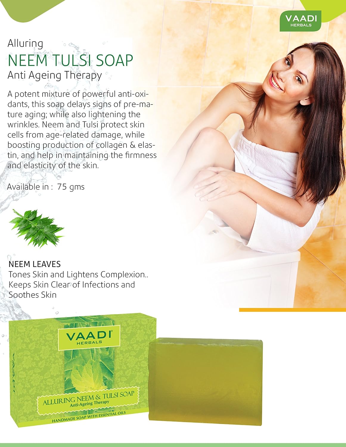 Vaadi Herbals Alluring Neem Tulsi Soap with Vitamin E and Tea Tree Oil, 75g x 6