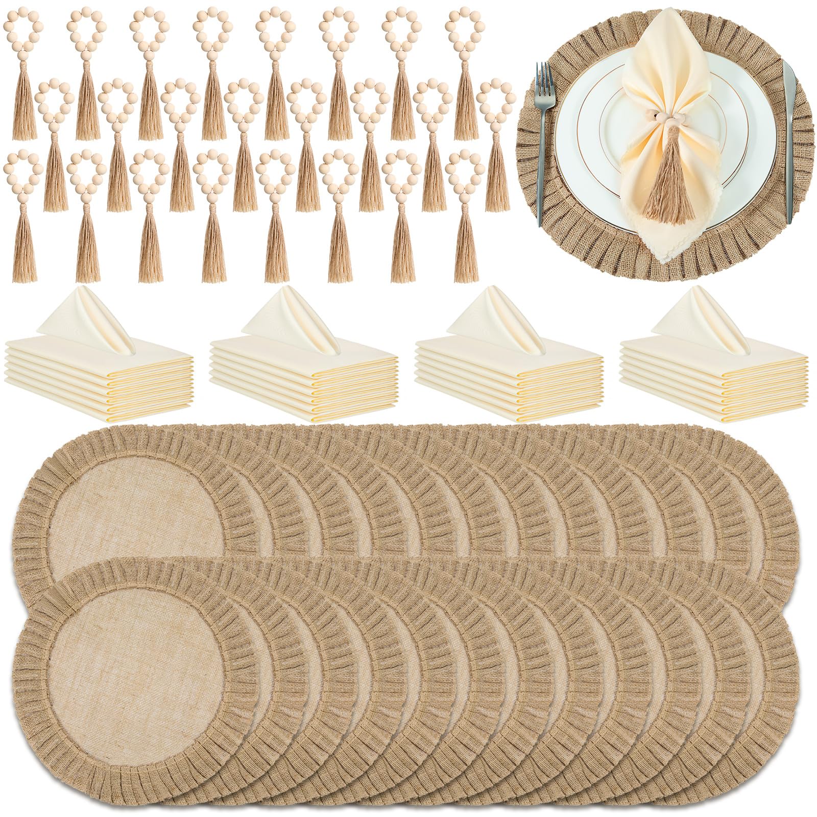 Sets de table ronds en toile de jute Gejoy avec serviettes et ronds en bois style bohème