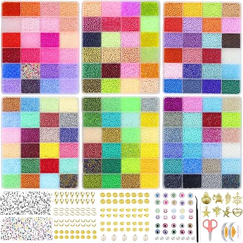 Juego de 64800 cuentas de semillas de vidrio para hacer joyas, 144 colores de 0.079 pulgadas, cuentas de semillas pequeñas con accesorios para disponible en Yaxa El Salvador