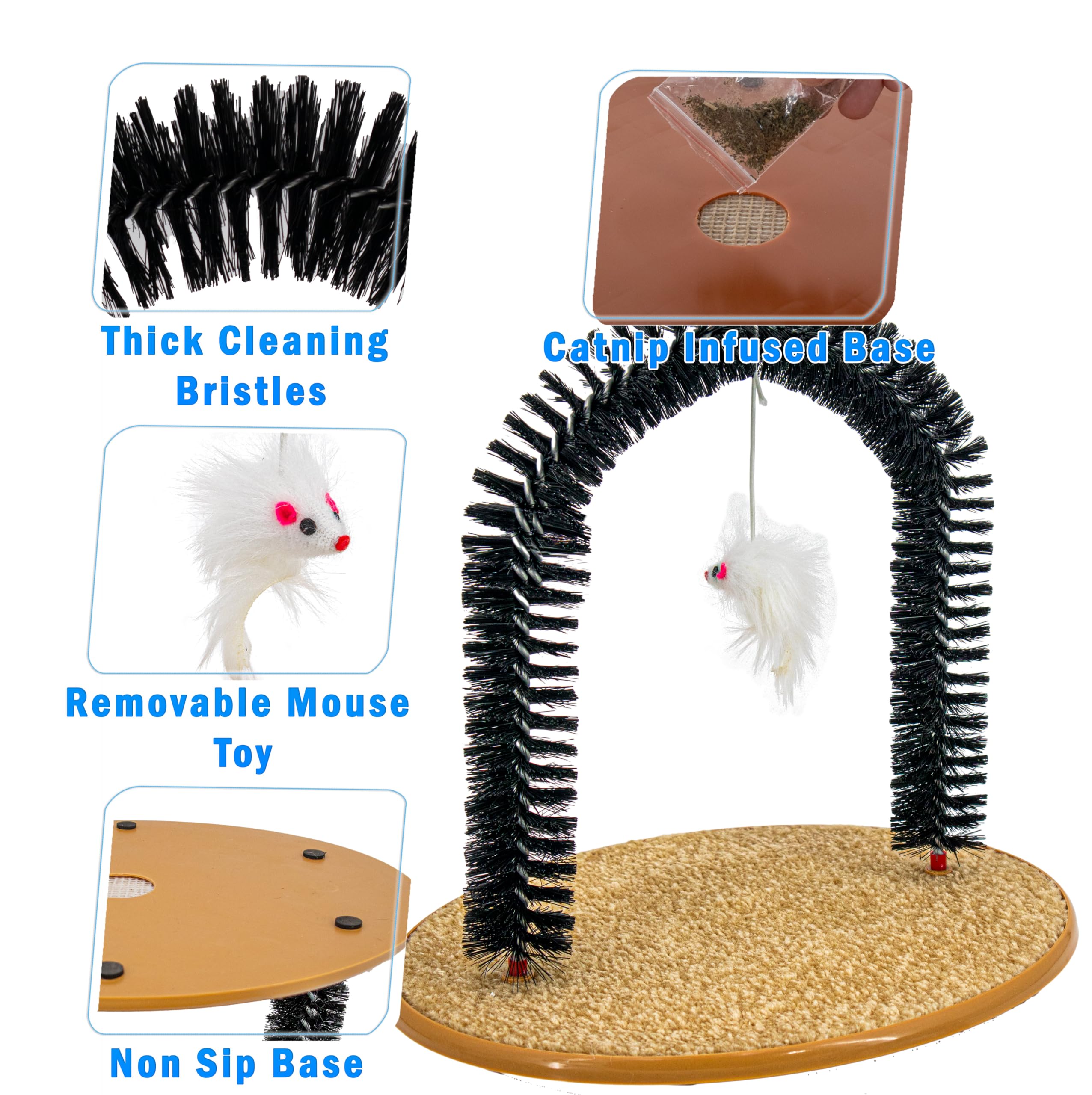 Perfect Cat Self Grooming Arch Toy & Post with Cat Mouse Toy, Bristles, Scratch Pad and Catnip - for Scratching, Brushing, and Massaging - Prevents Furniture Damage (Cat Arch w/Mouse)