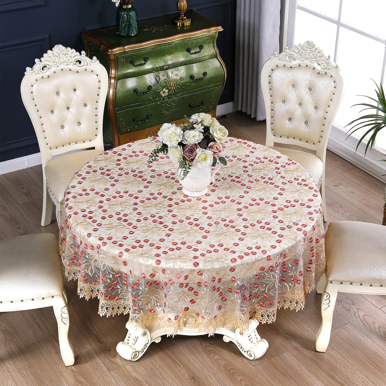 FOELANNE Embroidered Lace Tablecloth, Floral Embroidered Lace Round Tablecloth Multicolor Multiple Sizes(Coffee-red,130cm)