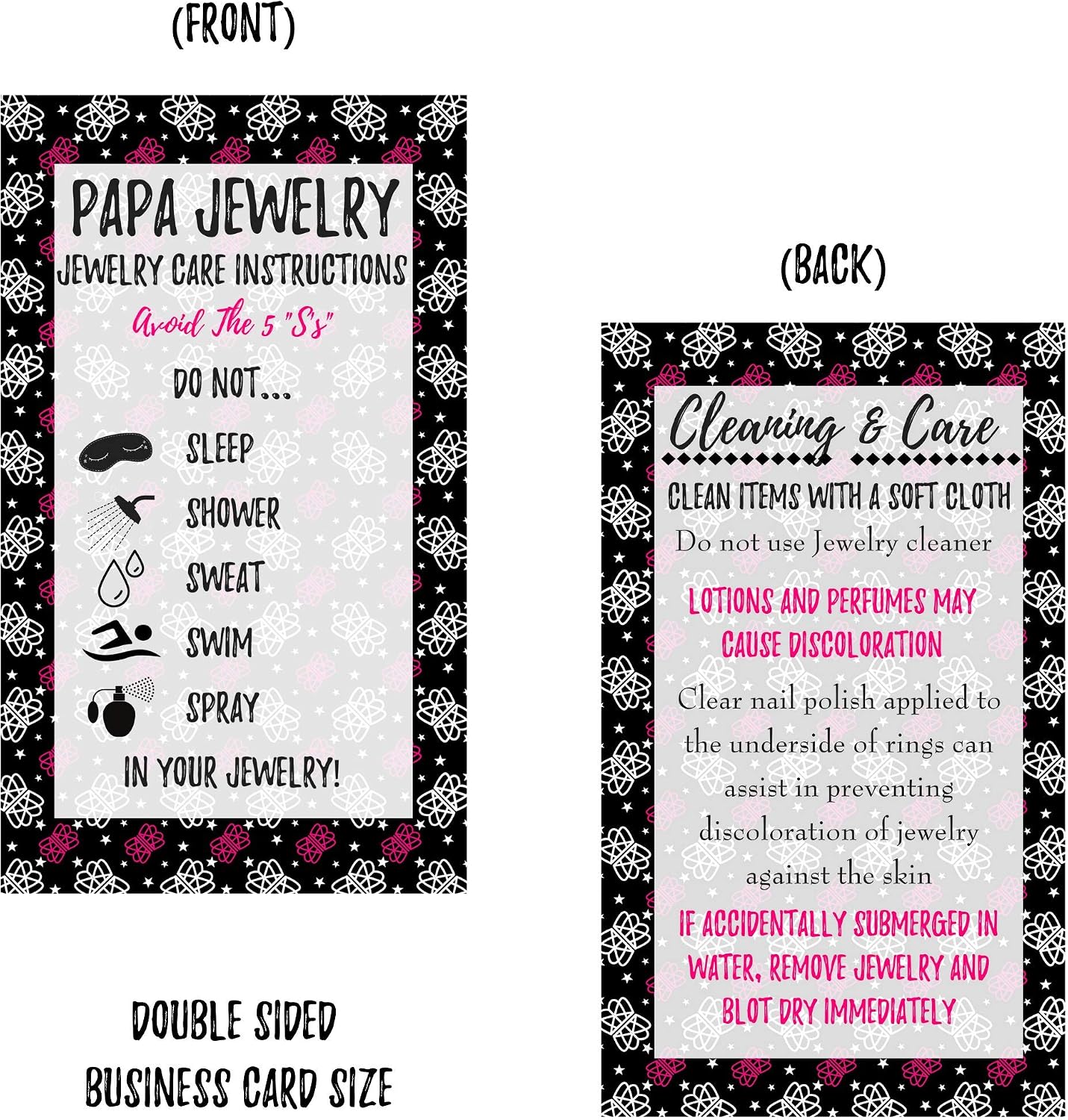 Cosmetology Supply Jewelry Cleaning and Care Cards | Package of 250 | Jewelry Bling Queen Care Instructions | Bling Pink & White Crown Pattern Design
