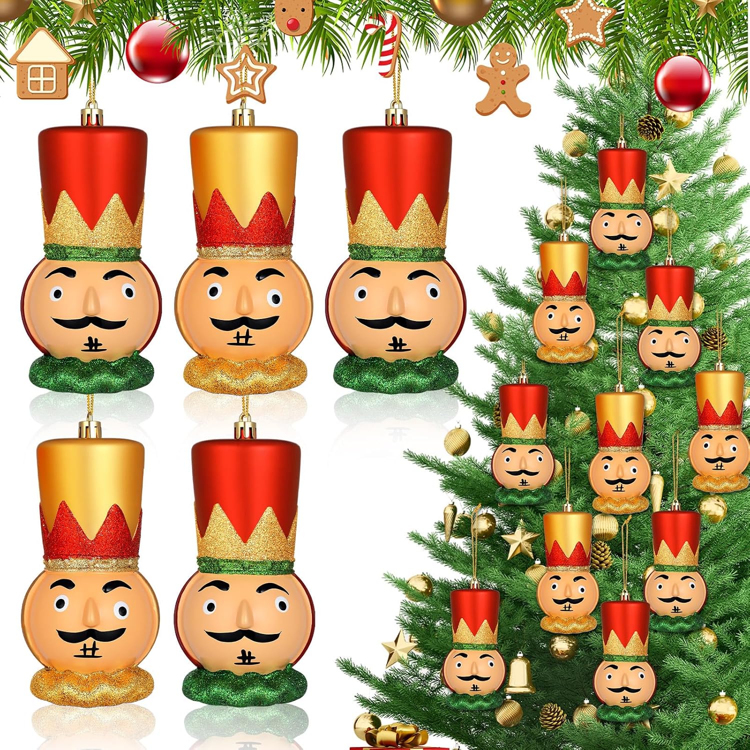 Soulchen 10 Pcs Christmas Nutcracker Ornaments 4 Inch Xmas Nutcracker King Head Decoration Red Green Gold Glittered Hanging Ornaments for Xmas Tree Gift for Holiday Party Supplies Home Decor, 2 Style