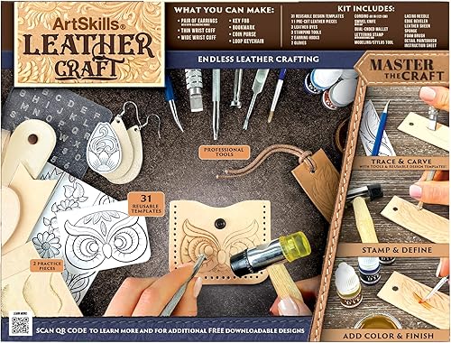 Miniatura 3 de ArtSkills Kit de trabajo de cuero para principiantes con herramientas de cuero, tintes y sellos, kit de artes y manualidades para adultos y