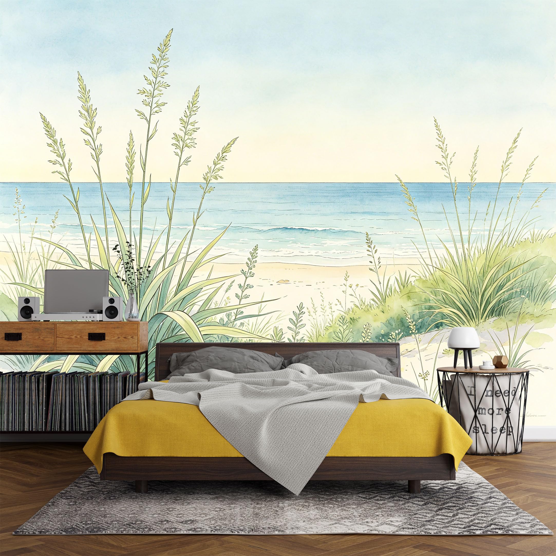 Custom Size Wall Mural， Coastal Beach Grasses Ocean Shore Sea Breeze Watercolor Landscape，SelfAdhesive Art Prints wall Fabric (No PVC) Removable Wallpaper Living Room Decor