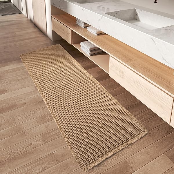 Upgraded Waffle Runner Rug, Super Absorbent Non Slip Bath Mats for Bathroom Floor, Machine Washable Bathroom Runner Rug with Tassels, Ideal for Hallway Bedroom Laundry Room, Brown, 2'x 6'(24" x 72")