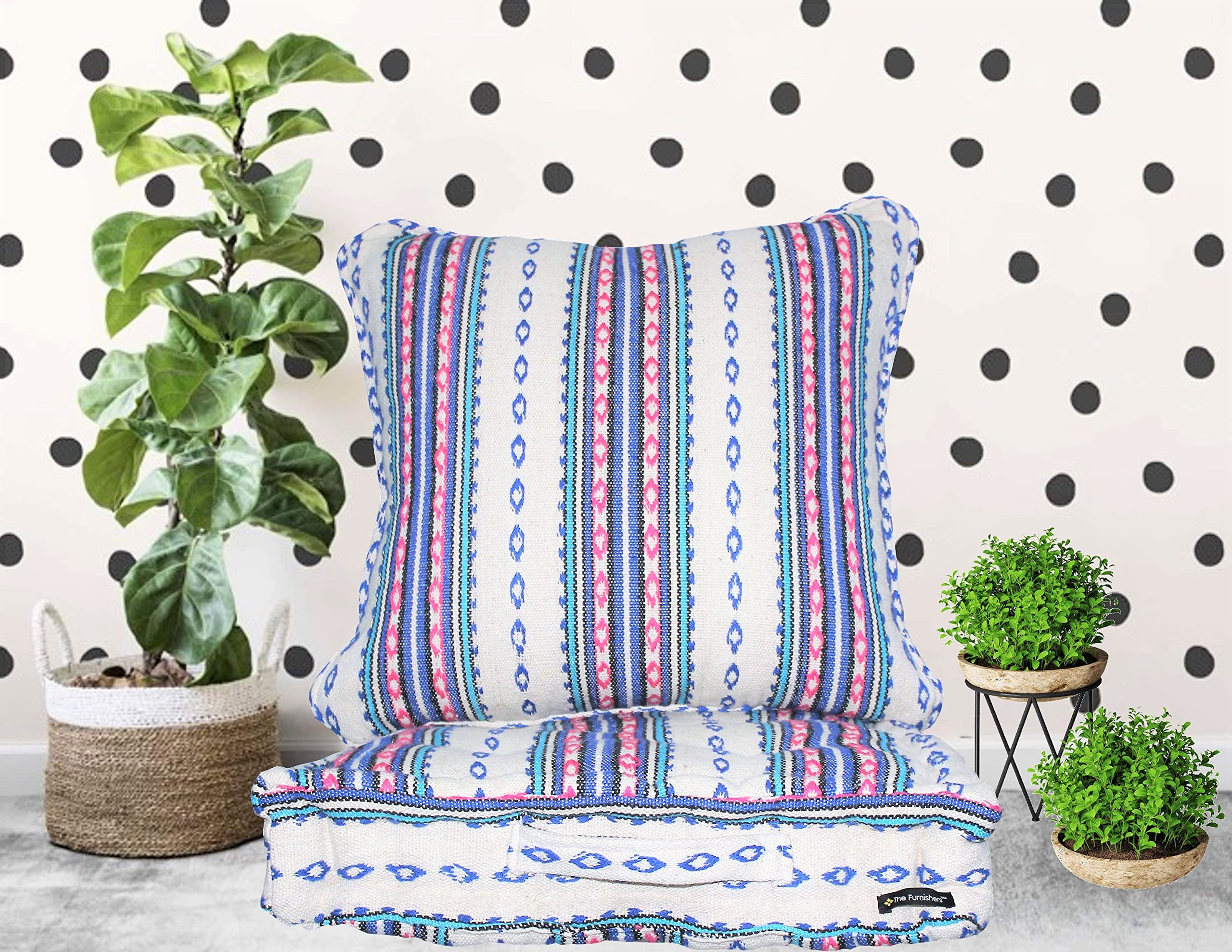 The Furnishers Weaved Quilted Floor Cushion with Cotton Filler Large Size for Seating, Patio Seat, Meditation, Yoga, Pooja, Guests, Living Room, Bedroom (Off-White & Blue, 60x60x10 CM) (B0BWS74D5S) Amazon Price History, Amazon Price Tracker