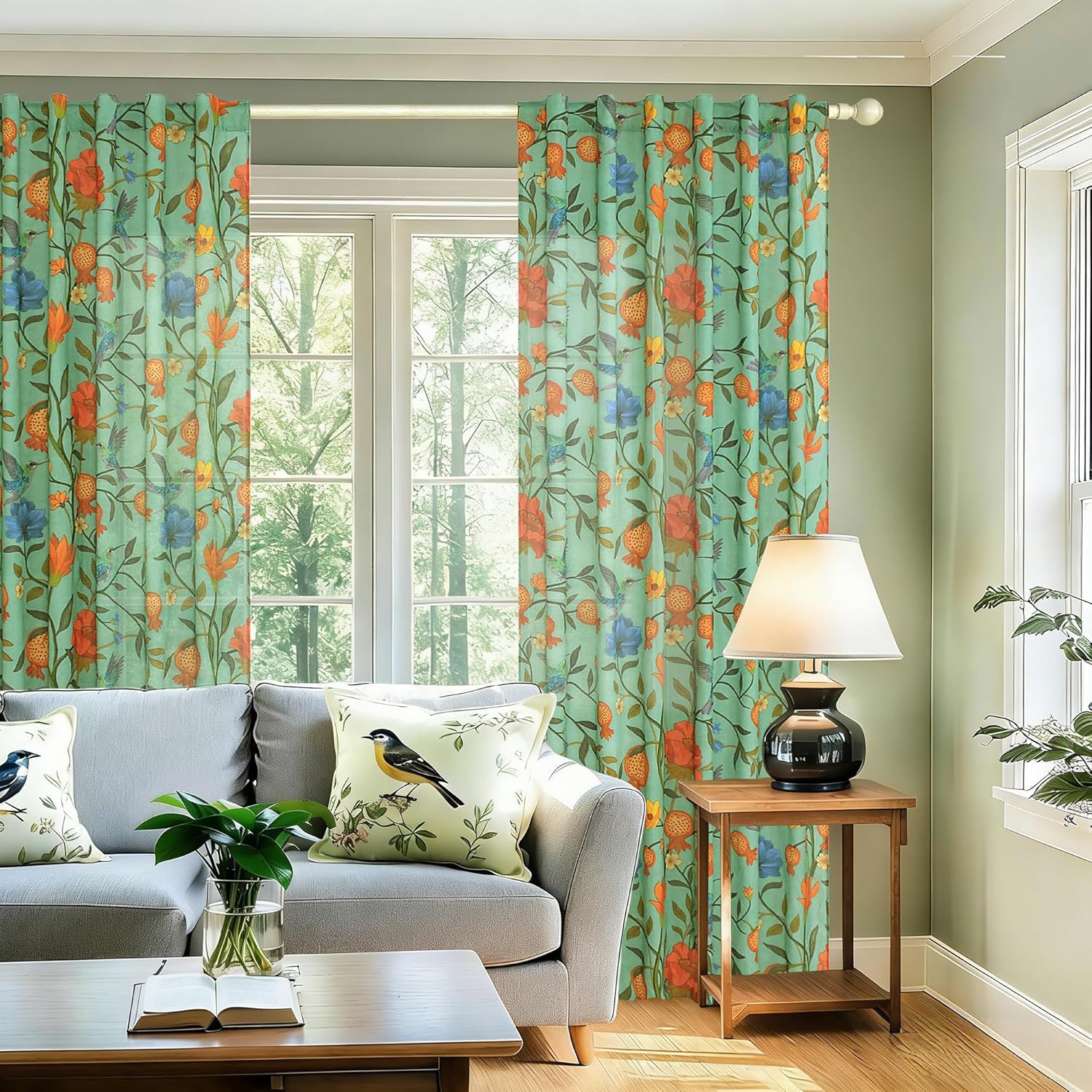 JOOJA Green Floral Linen Curtains, Boho Whimsical Bird Print Curtains for Bedroom Window Colorful Patterned Sheer Curtains for Living Room Kitchen 2 Panels 63 Inches Long