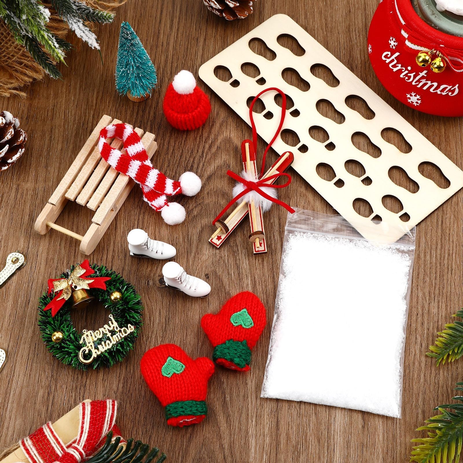 MARFOREVER Miniature Christmas Sleigh Decoration Set, 10-Piece Accessories with Ski Boots, Snowflakes, Reindeer Tracks - Image 4