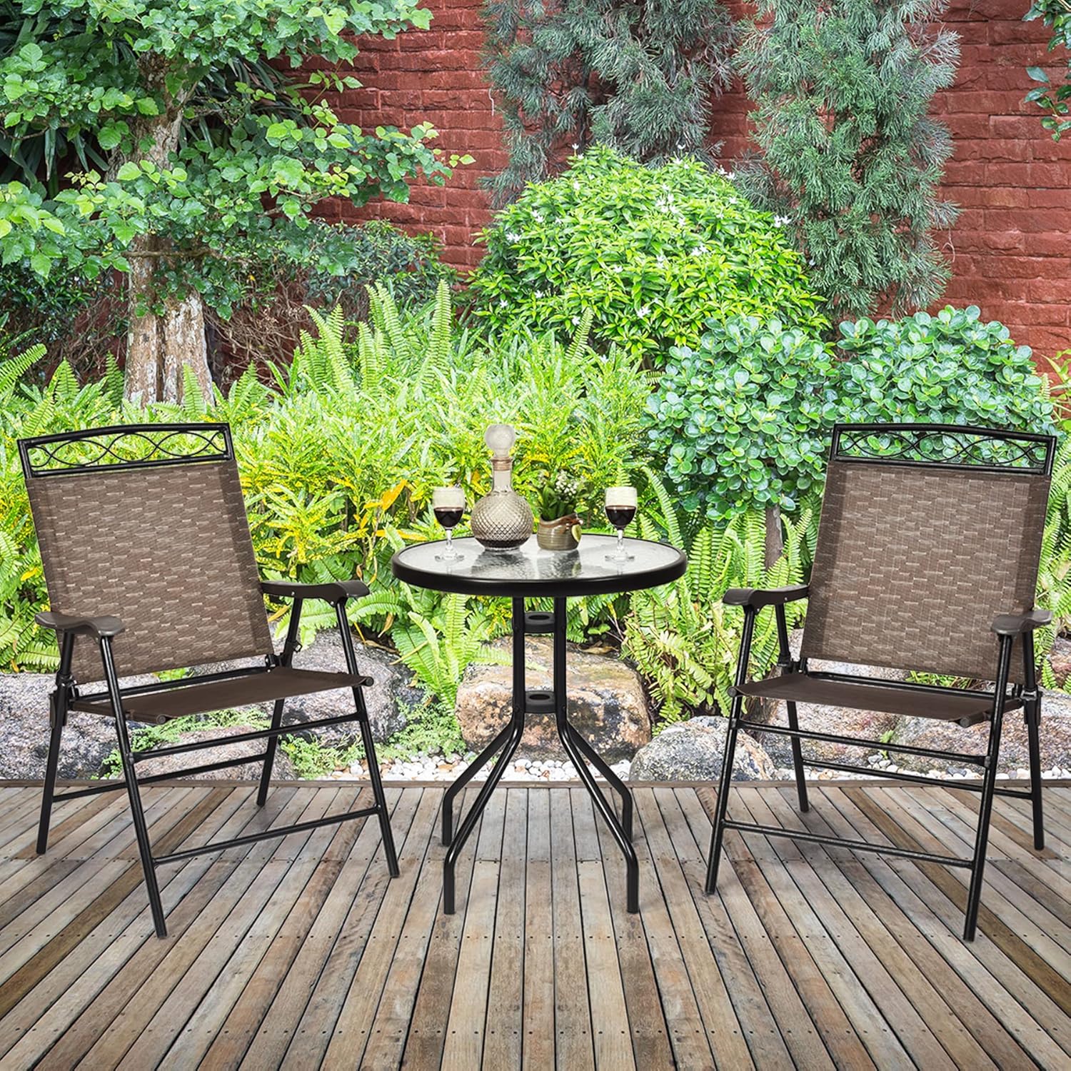 Tangkula 3 Pieces Patio Bistro Set, Outdoor Folding Chairs