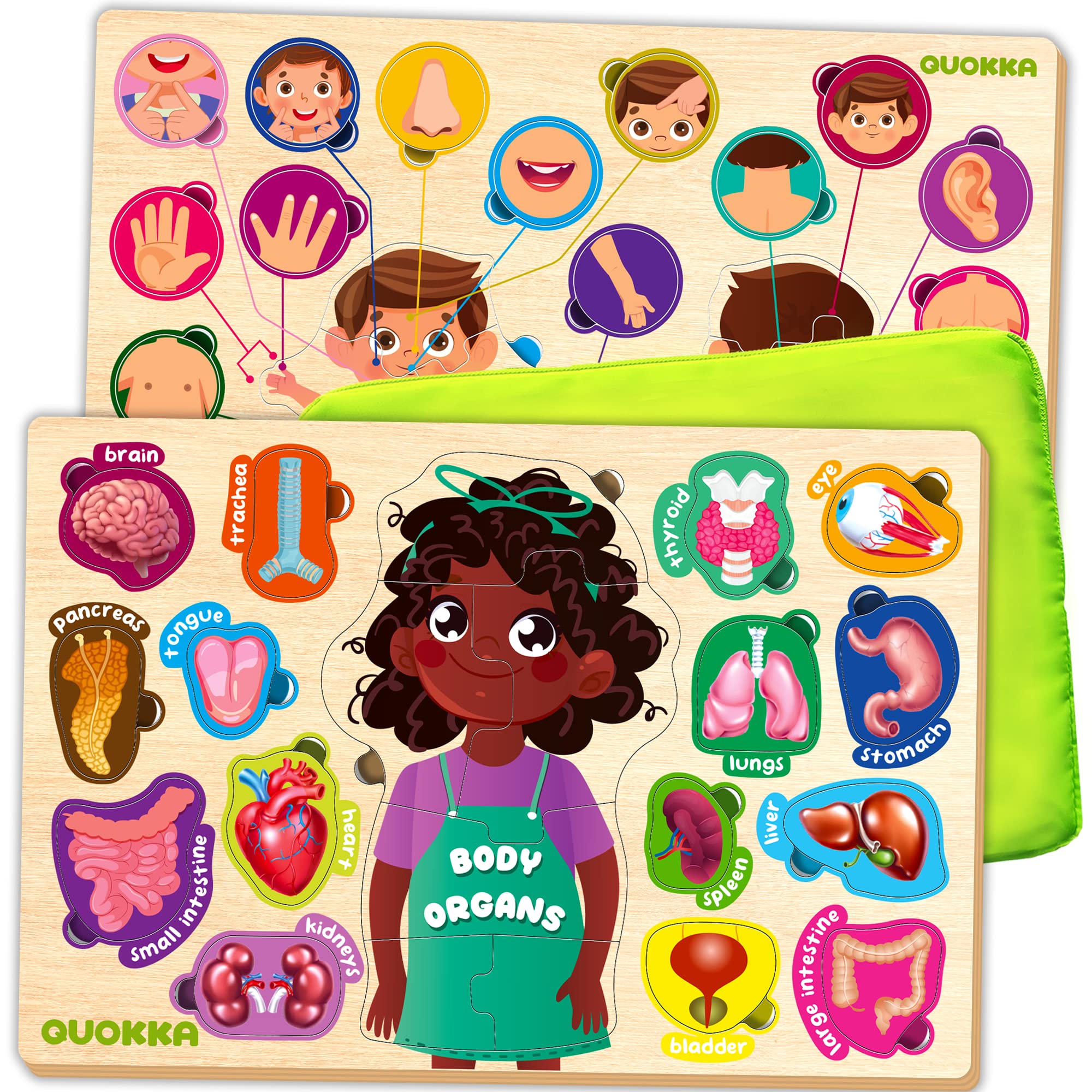 QUOKKA Wooden Puzzles for Kids Ages 18+ Months in a Bag - Montessori Toddlers Puzzles Ages 1-2 - Preschool Game to Learn Human Body Parts Anatomy Skeleton - Educational Toys for Boy & Girl