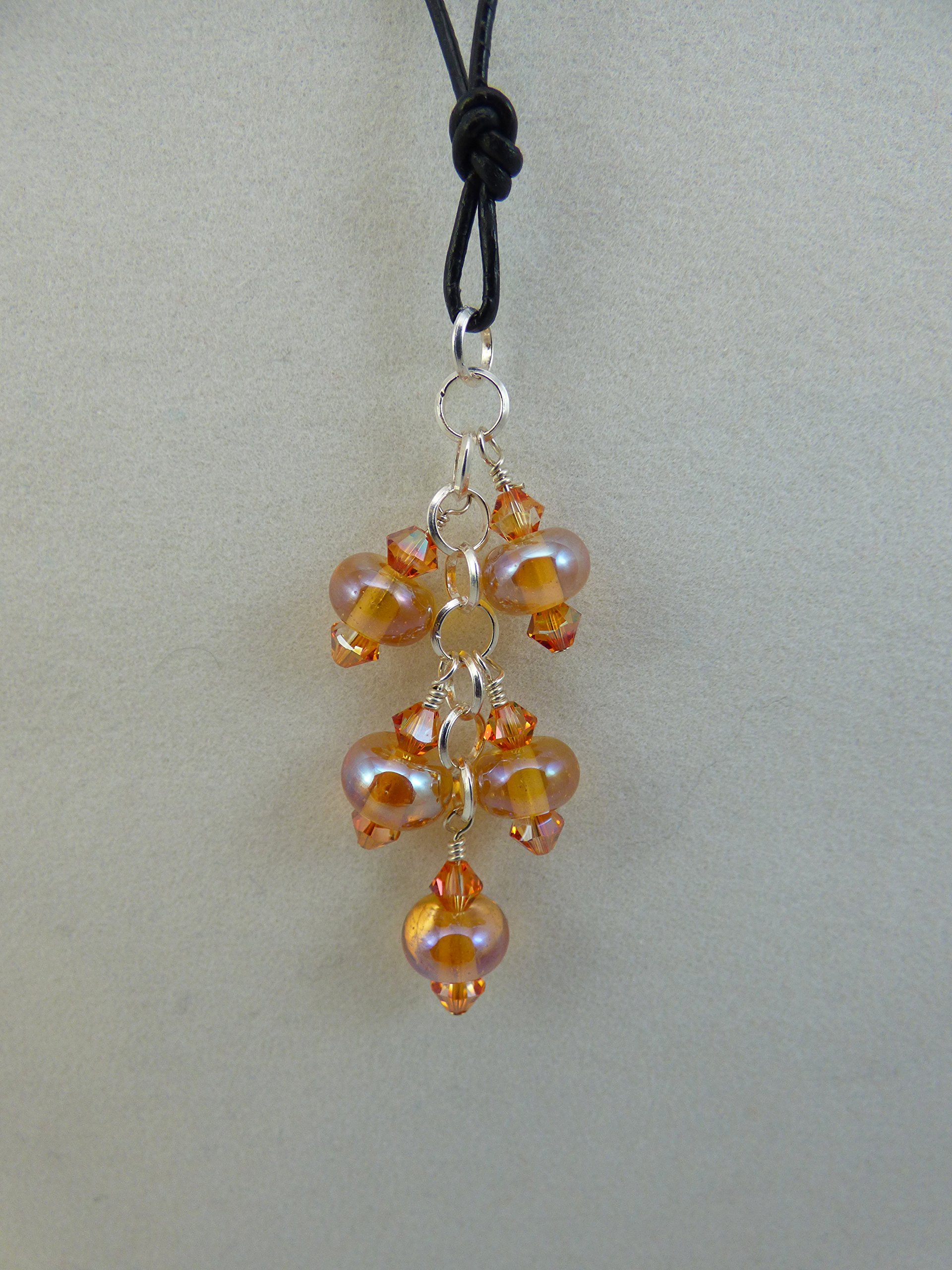 Metallic Peach Artisan Lampwork Bead Clusters Necklace with High Quality Crystal Accents, Sterling Silver Chain and Leather Cord