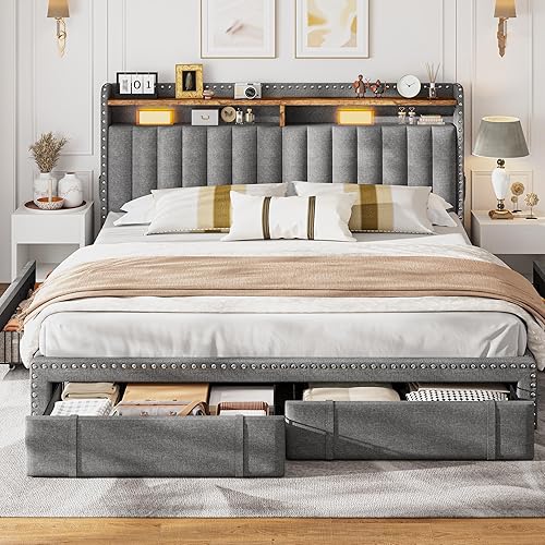 EnHomee Upholstered King Size Bed Frame with 4 Storage Drawers, 2-Tier Storage Headboard, Platform Bed Frame with Wooden Slats Support, No Box Spring Needed, Grey