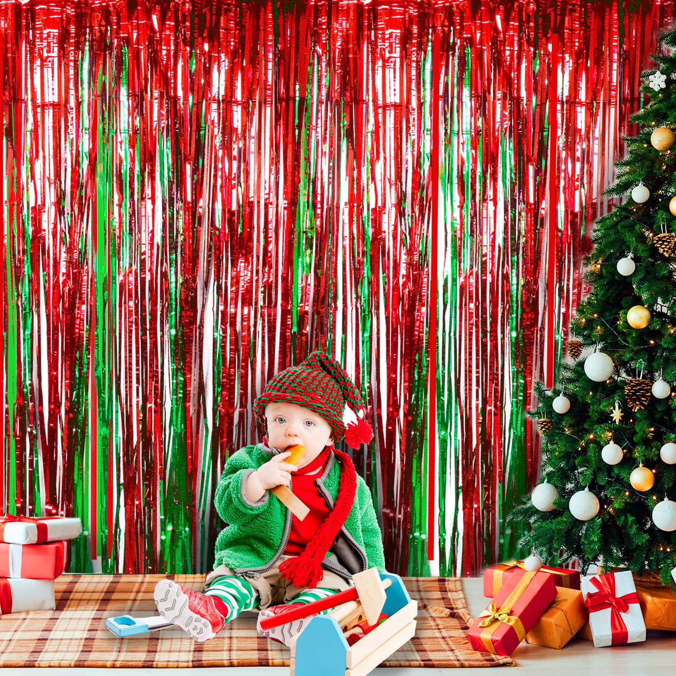 2 tende rosse metallizzate, con frange in lamina laser, sfondo glitterato, decorazioni per porta di compleanno, feste di compleanno, feste di Natale