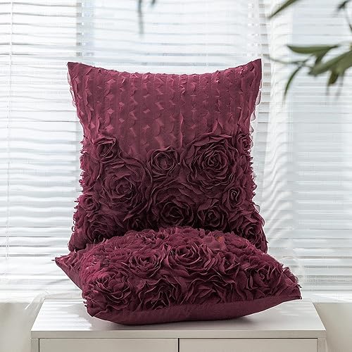 Miniatura 5 de CaliTime Juego de 2 fundas de almohada decorativas 3D de gasa 3D sólidas con diseño de rosas y flores, fundas decorativas para sofá, dormitorio, 12