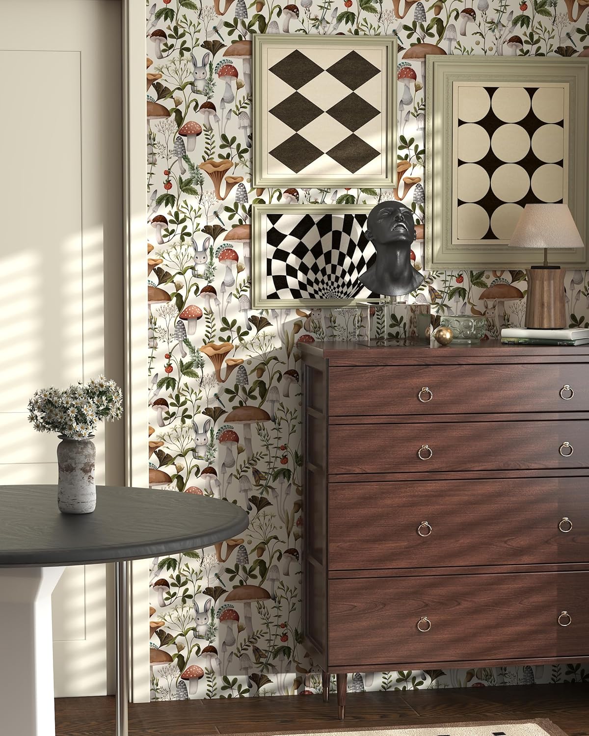 Mushroom Wallpaper Peel and Stick Wallpaper Boho 17.7" x 78.8" Self Adhesive Removable Wall Paper Leaf Forest Mushroom Contact Paper for Countertops Cabinet Decor