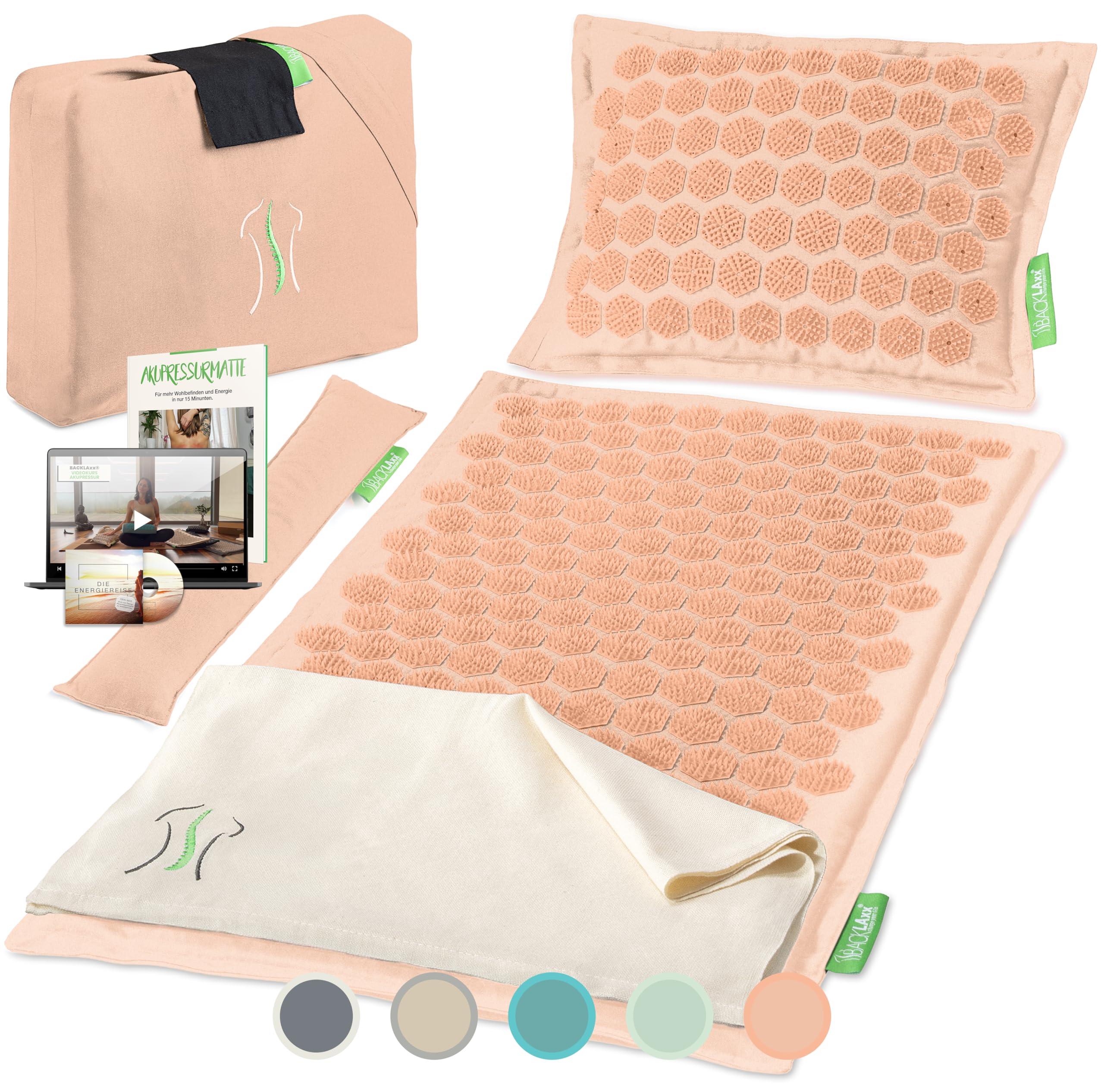 BACKLAxx ® Akupressurmatte mit Kissen, Tuch und Tasche, Akupunktur Matte mit Stacheln zur Massage und Entspannung von Nacken und Schulter, Massagematte Rücken (natur) zur Akupressur