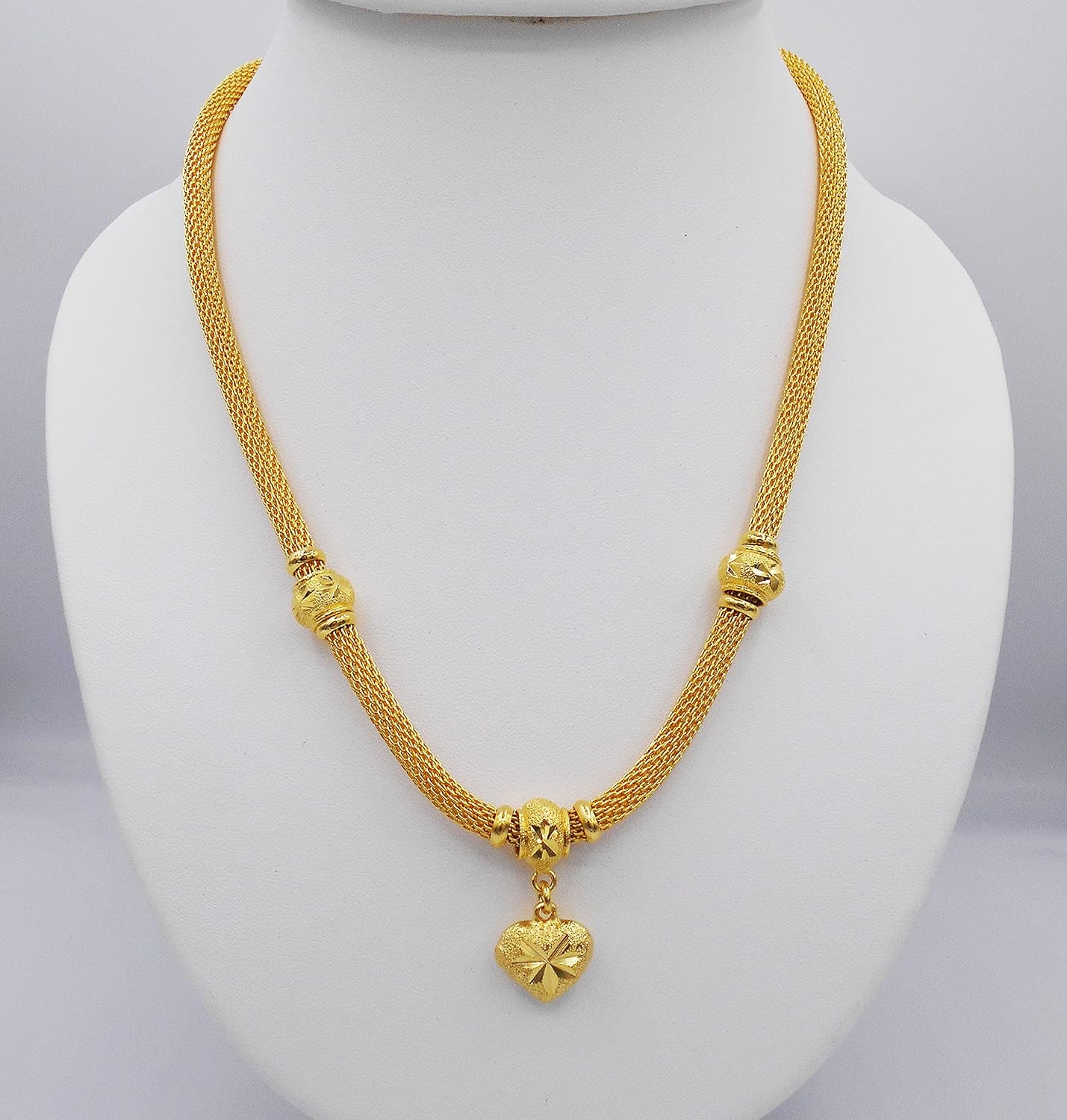 Heart Beaded 22k 23k 24k Thai Baht Yellow Gold GP Necklace Pendant Jewelry Women 20 inch