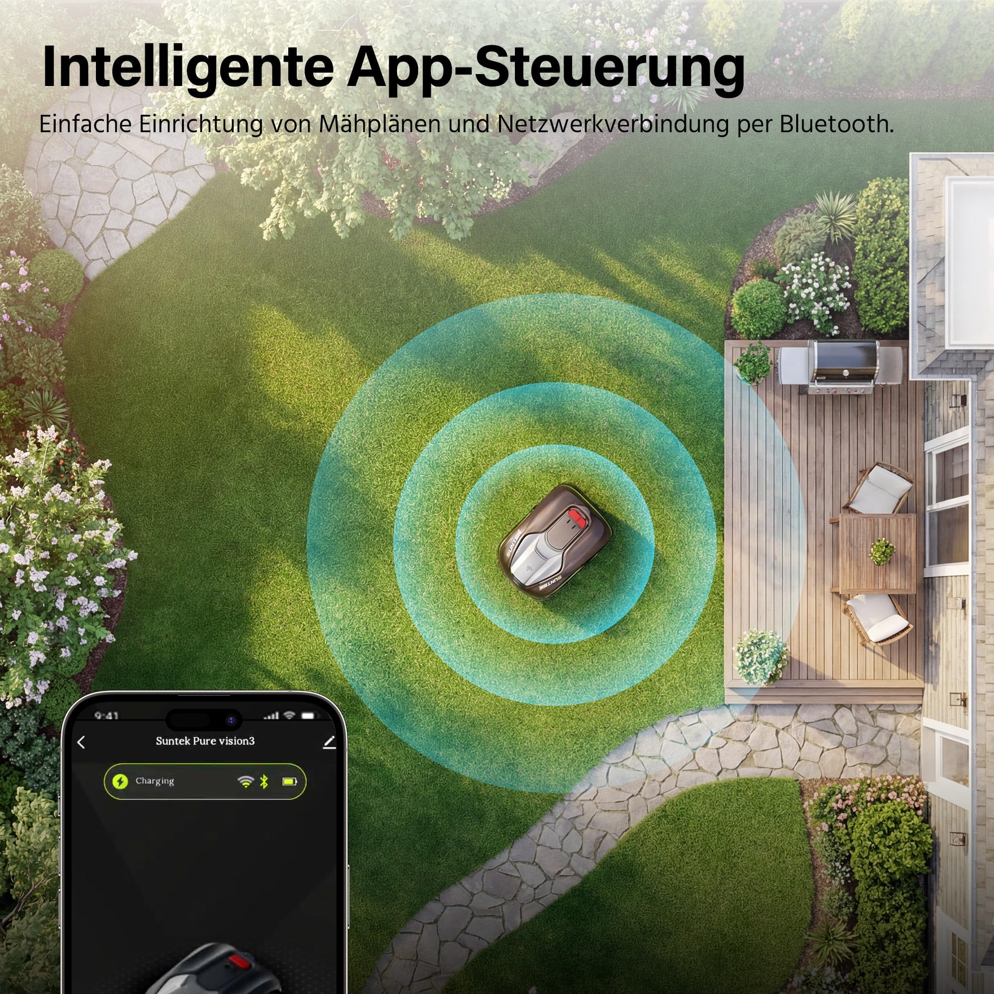 SUNTEK SRM2025 Mähroboter ohne Begrenzungskabel, KI Pure Vision Rasenmäher Roboter für 250 m² mit automatischer Kartierung, 35% Steigung, Wasserdichtigkeit IPX5, Automatische Kartierung, APP-Steuerung