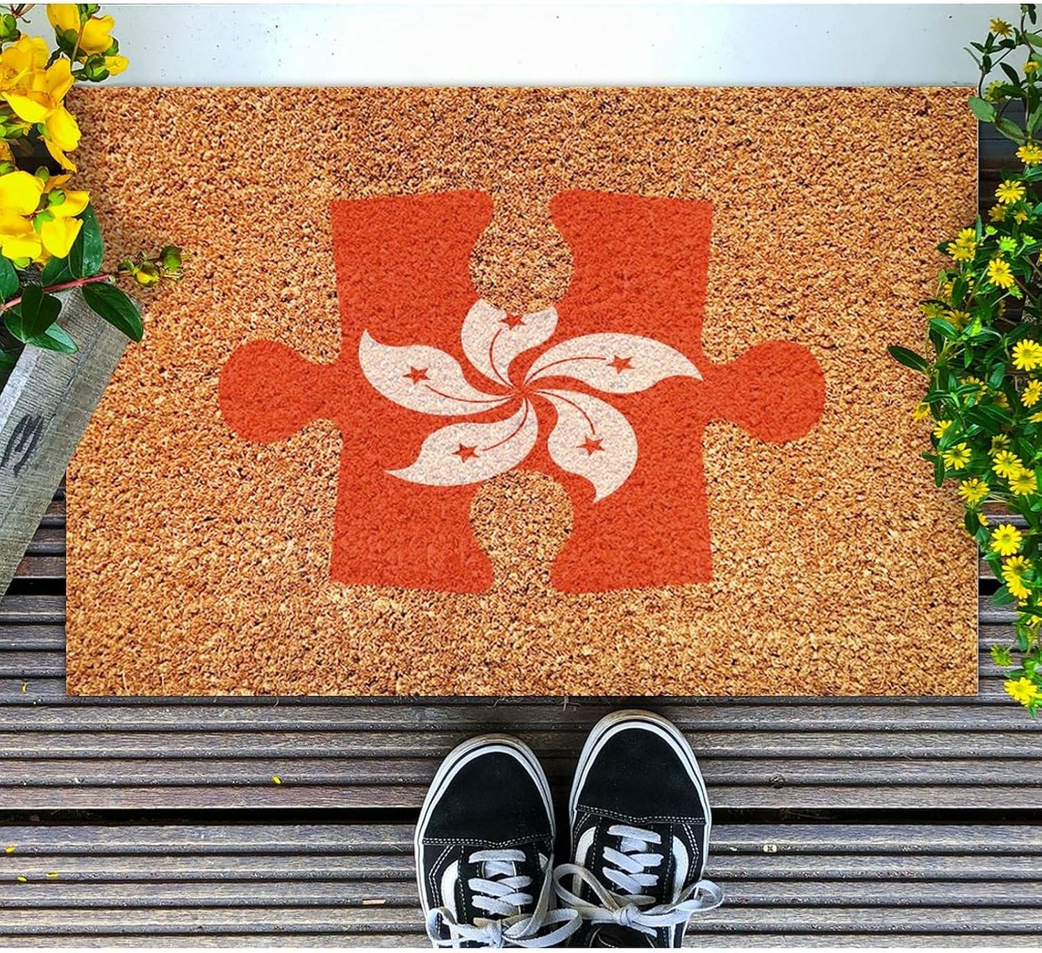 Hong Kong Flag Puzzle Coir Door Mat Farmhouse Memorial National Day Rug 16x24in Durable Coir Non Slip Front Door Mat for Outdoor Entry Porch Patio Apartment New Home Gift