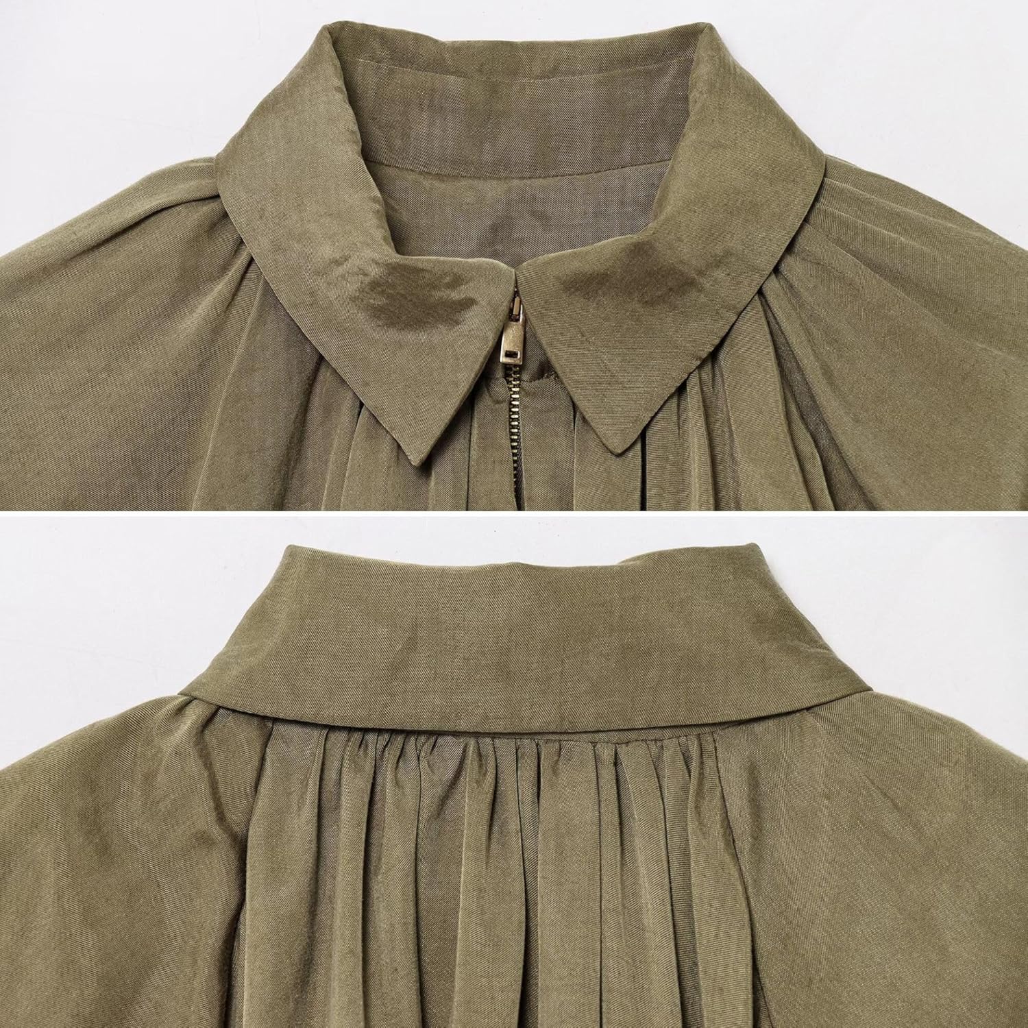 FindThy Women’s Puffed Bomber Jacket Trendy Lapel Collar Long Batwing Sleeve Front Zip Oversized Shirts - Image 5