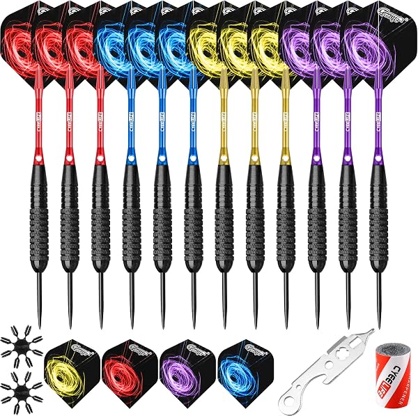 CyeeLife Juego de Dardos de Punta de Acero de 22/28 g con cañas de Aluminio (4 Colores) + 16 Protectores y vuelos + sacapuntas + Herramienta, 12 Paquetes (4 Juegos) para 4 Principiantes - 1