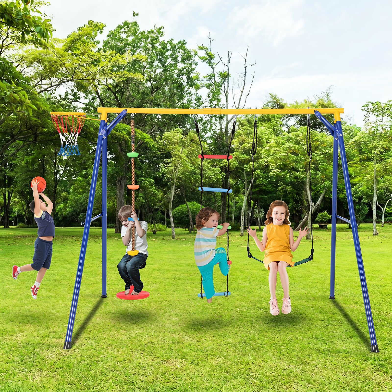 COSTWAY Set Altalena per Bambini, Set Altalena 4 in 1 (Verde) | con Canestro Basket, Altalena Regolabile, Scala e Disco con Corda, Giochi da Interno ed Esterno, Portata 300 kg
