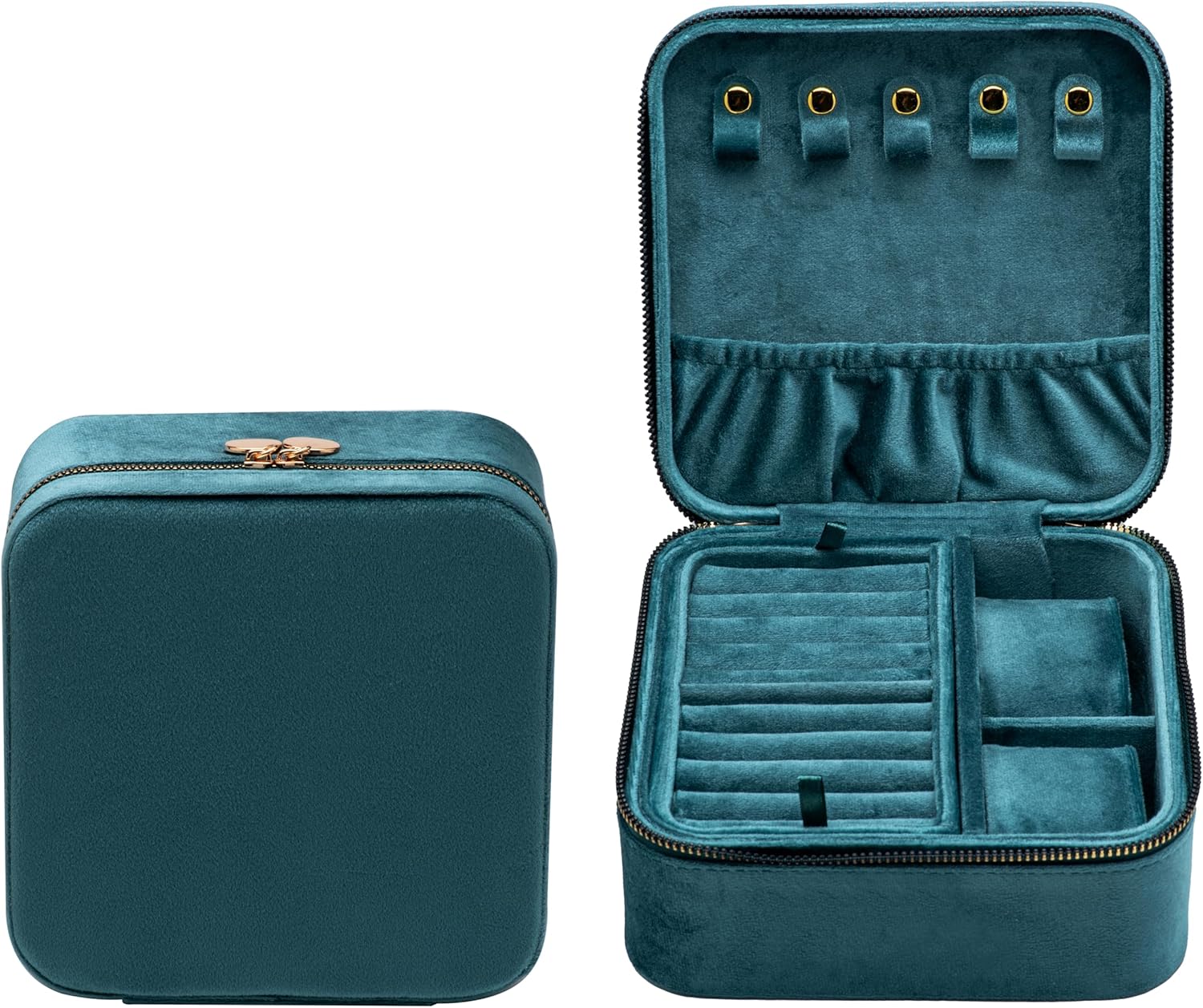 Velvet Multiple Square Ring Box Jewelry Organizer Display Tray with Zipper Around, Earring Watch Necklace Holder Case for Wedding Birthday Christmas Valentine Day (Teal)