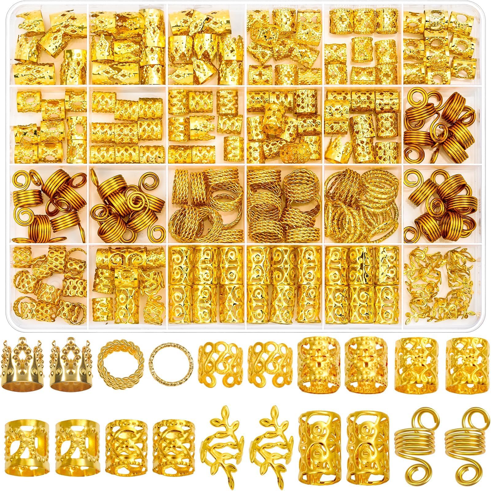 Lucomb 220 Pcs Gold Hair Jewelry for Braids, Loc Jewelry for Hair Dreadlock, Loc Charms for Women, Metal Gold Braid Rings Cuffs Clips for Dreadlock Accessories Clip Braids Extensions Decorations