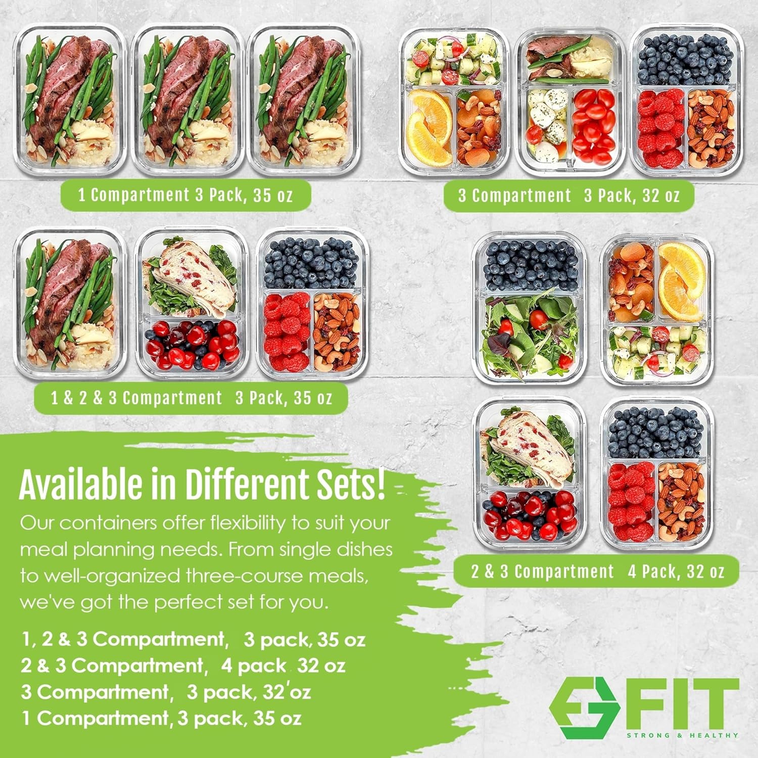 FIT Strong & Healthy Glass Meal Prep Containers with Lids, 1 & 2 & 3 Compartments – Portion Control Containers, Glass Lunch Box, Food Storage, Leak-Proof, Oven & Freezer Safe, 35 oz, Blue, 3 Pack