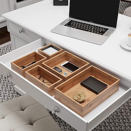 Miniatura 5 de Lavish Home Organizador de cajones de bambú, juego de caja modular de 5 compartimentos, bandeja de almacenamiento para cocinas, oficinas,