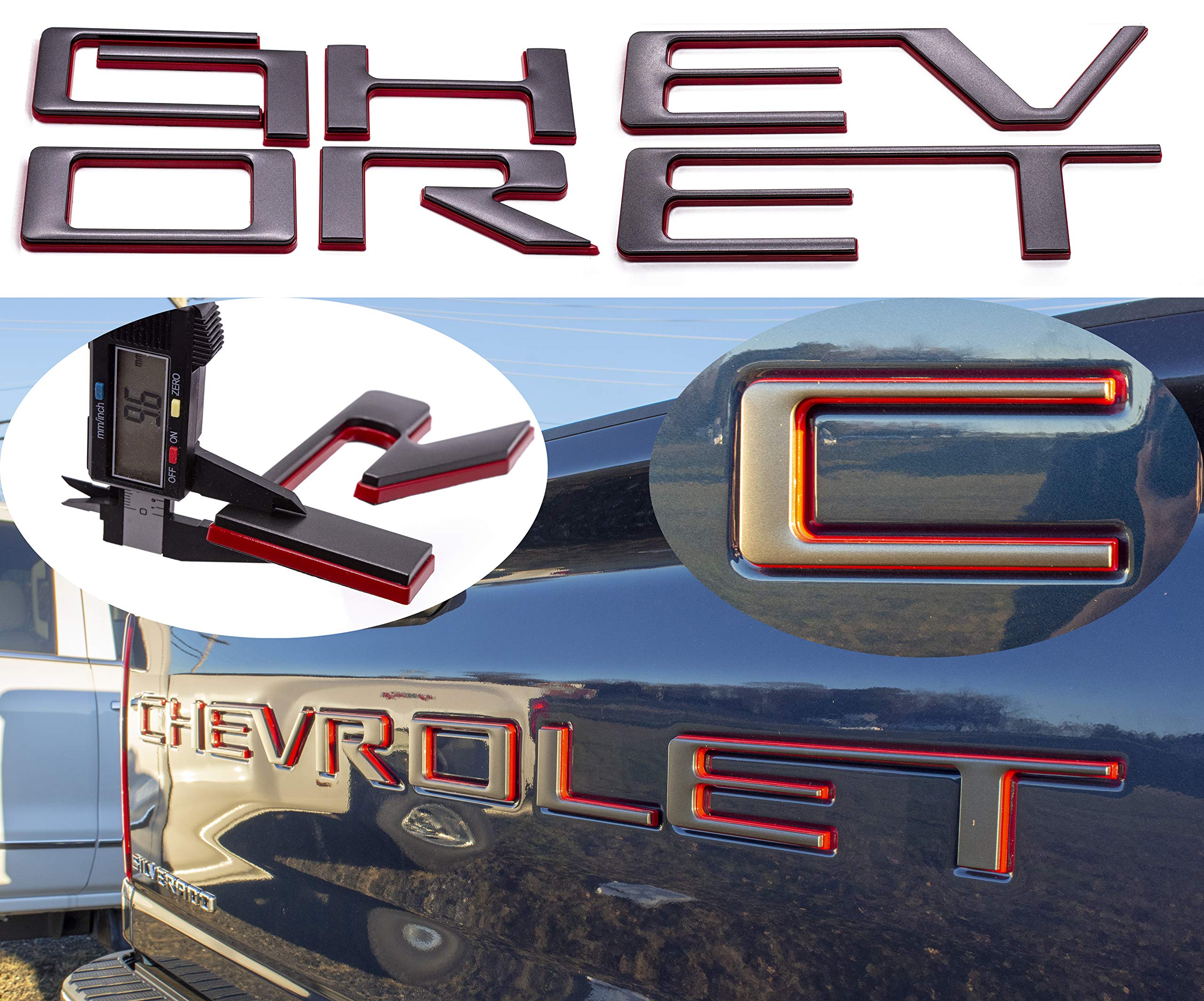 AUTO PRO ACCESSORIES Tailgate Insert Letters for 2019 Chevrolet Silverado - 3M Adhesive & 3D Raised Tailgate Letters (Grey With Red Outline)