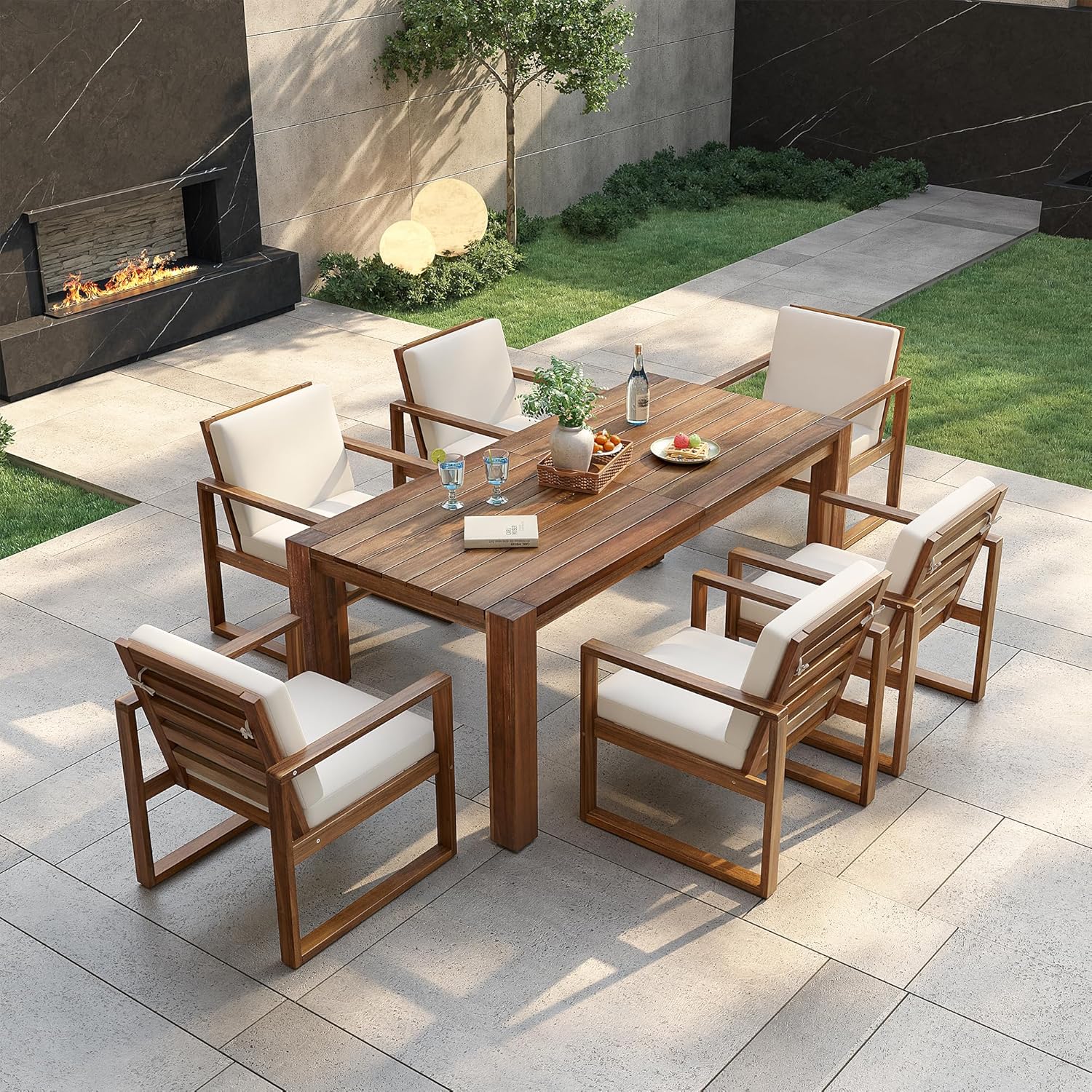 Patio Table and Chairs Set, Outdoor Dining Set for 6 with Umbrella Hole, 7 Piece Outdoor Patio Furniture Set Wood Frame with Removable Cushion for Garden, Backyard