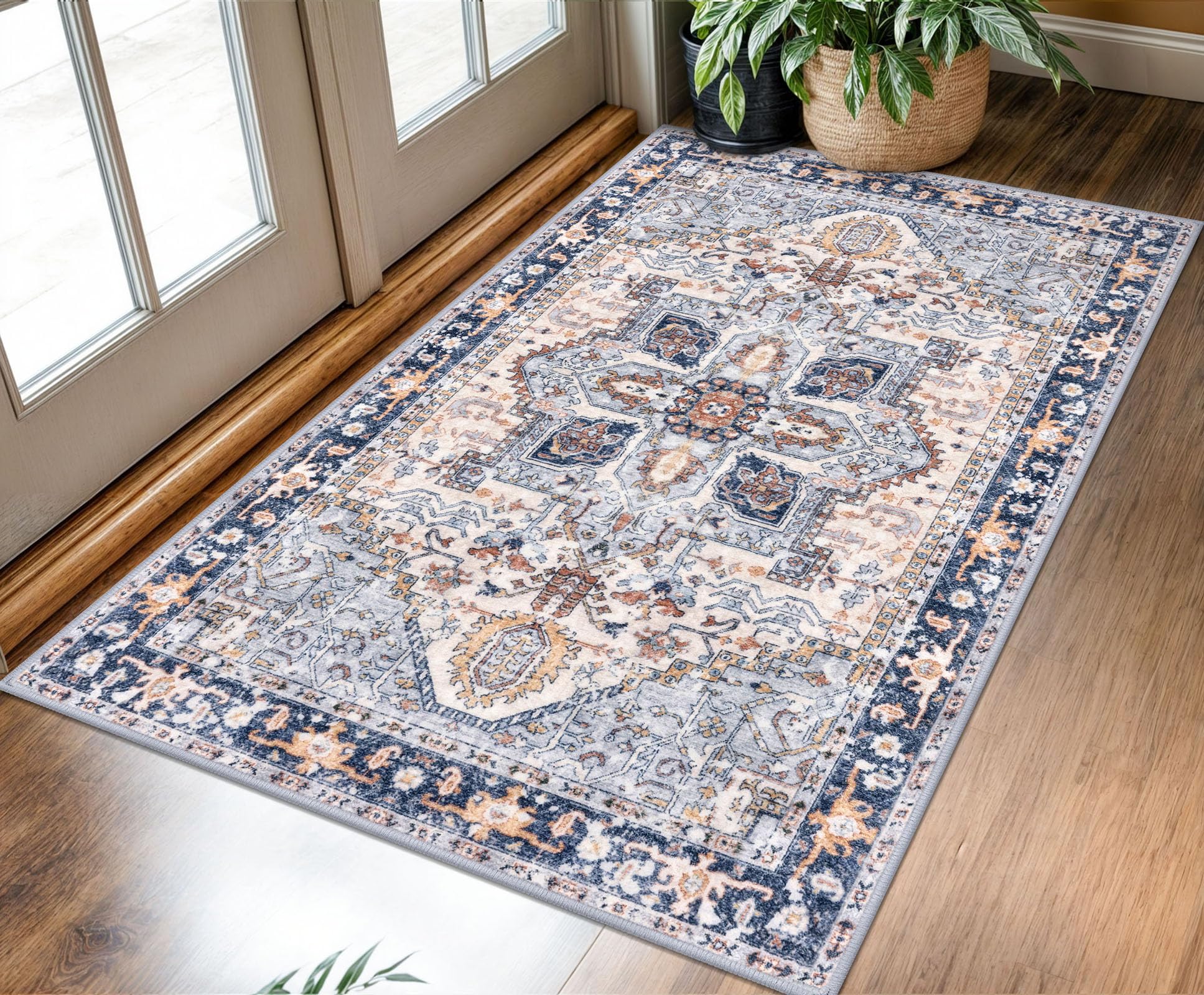 KOZYFLY Boho Area Rug 3x5 Ft Rugs for Entryway Washable Entry Rug Non Slip Indoor Entrance Printed Faux Wool Throw Rugs for Entrance Living Room, Muted Navy/Blue Gray/Ivory/Terracotta โ image 1